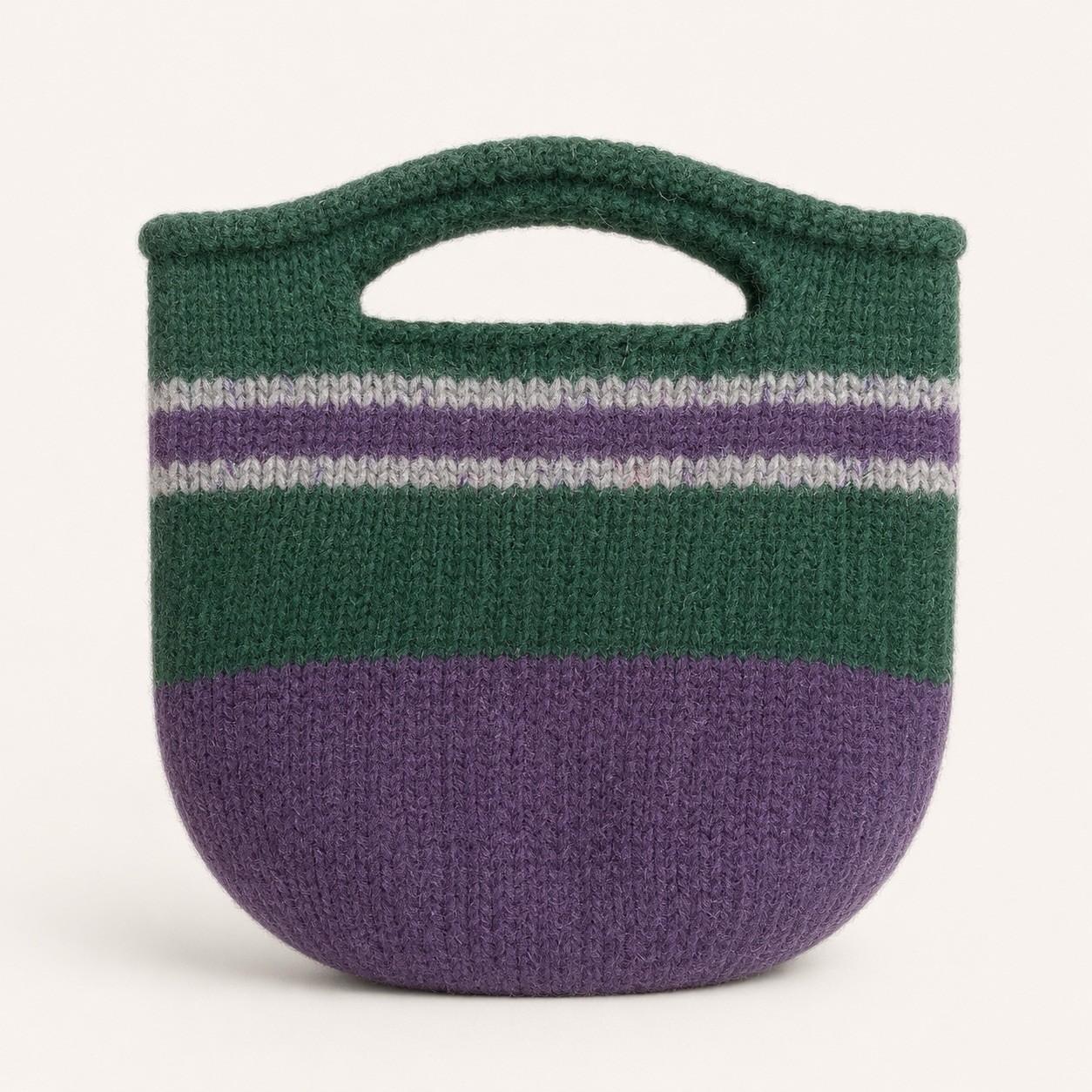 Handmade Knit Handbag Green Purple Striped Small Tote Purse