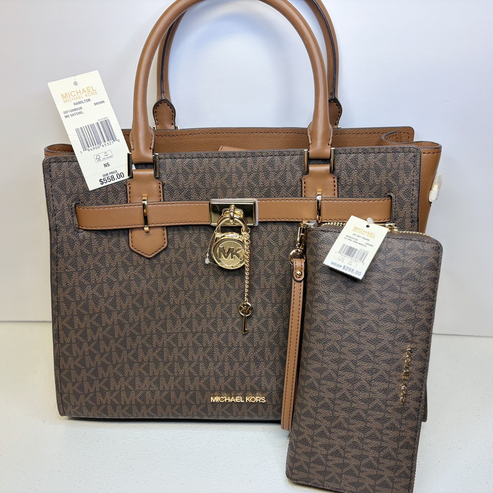 Michael Kors Hamilton brown Medium Satchel Shoulder Bag + Continental Wallet NWT