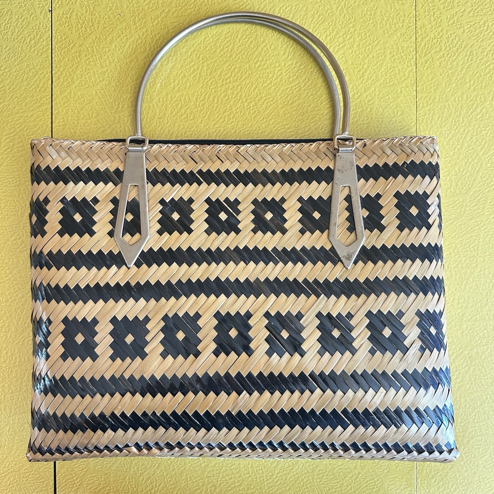 Vintage Woven Straw Purse Bayong Tiki Polynesian Silver Hardware Rattan Bamboo