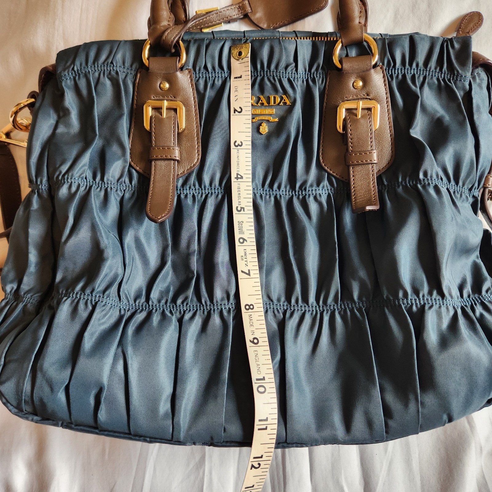 Prada Tessuto Gaufre Satchel Bag Blue Nylon Leather Gold Hardware Excellent Cond