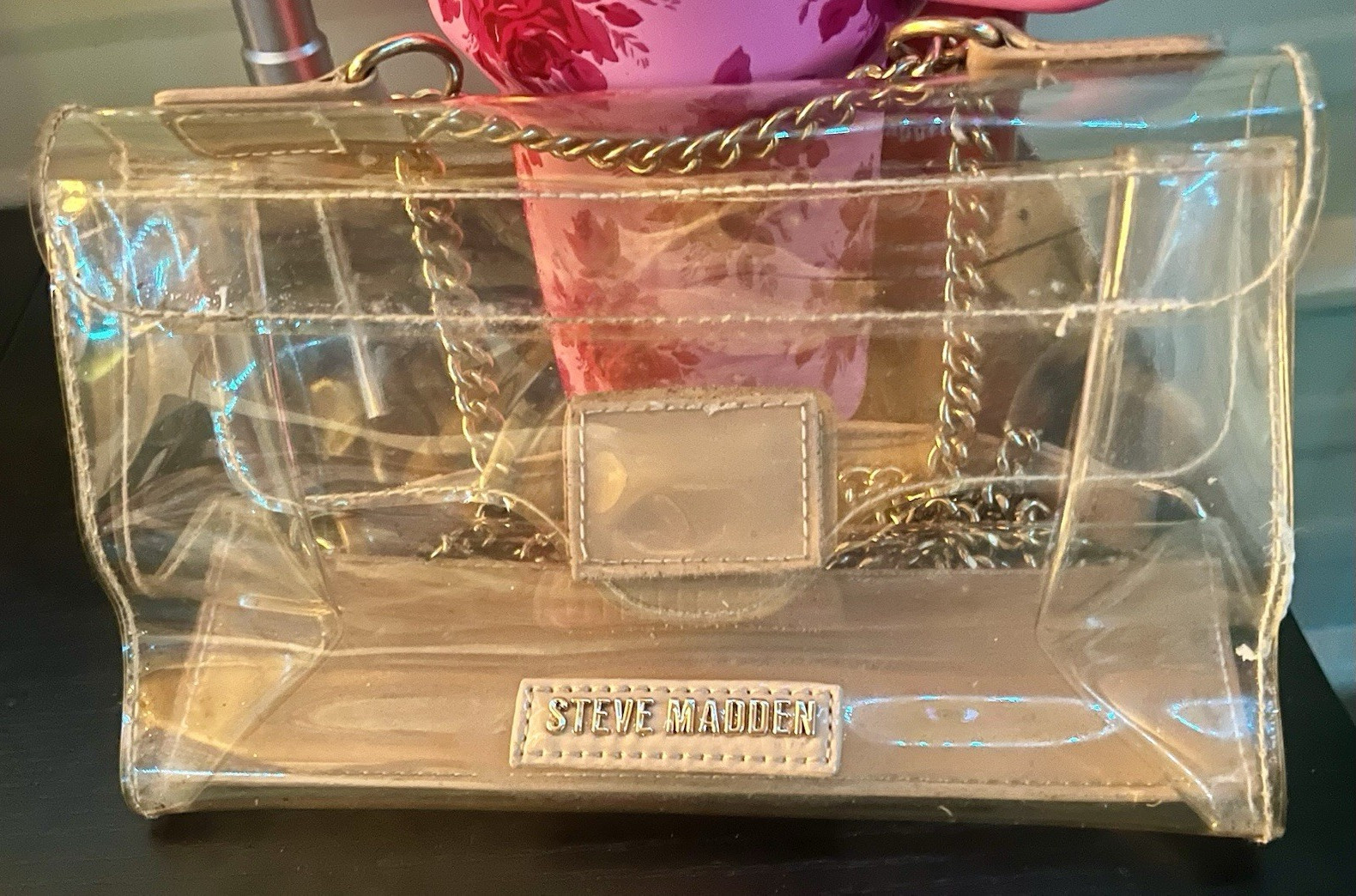 Steve Madden Clear Shoulder Bag Gold Chain Strap Turn Lock, Small, Solid