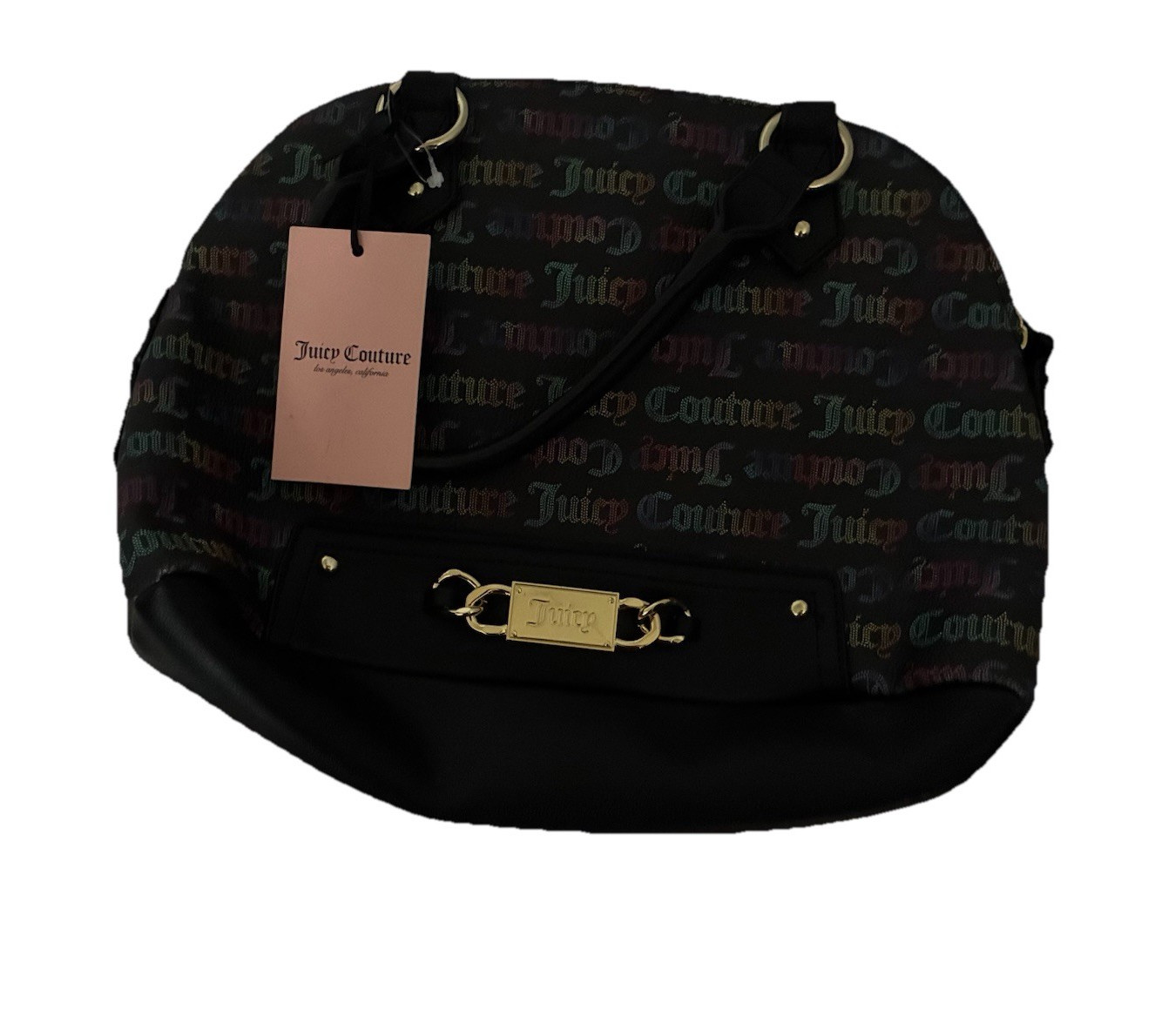 Juicy Couture Black Logo Print Satchel Top Handle Zip Gold Hardware Brand Card