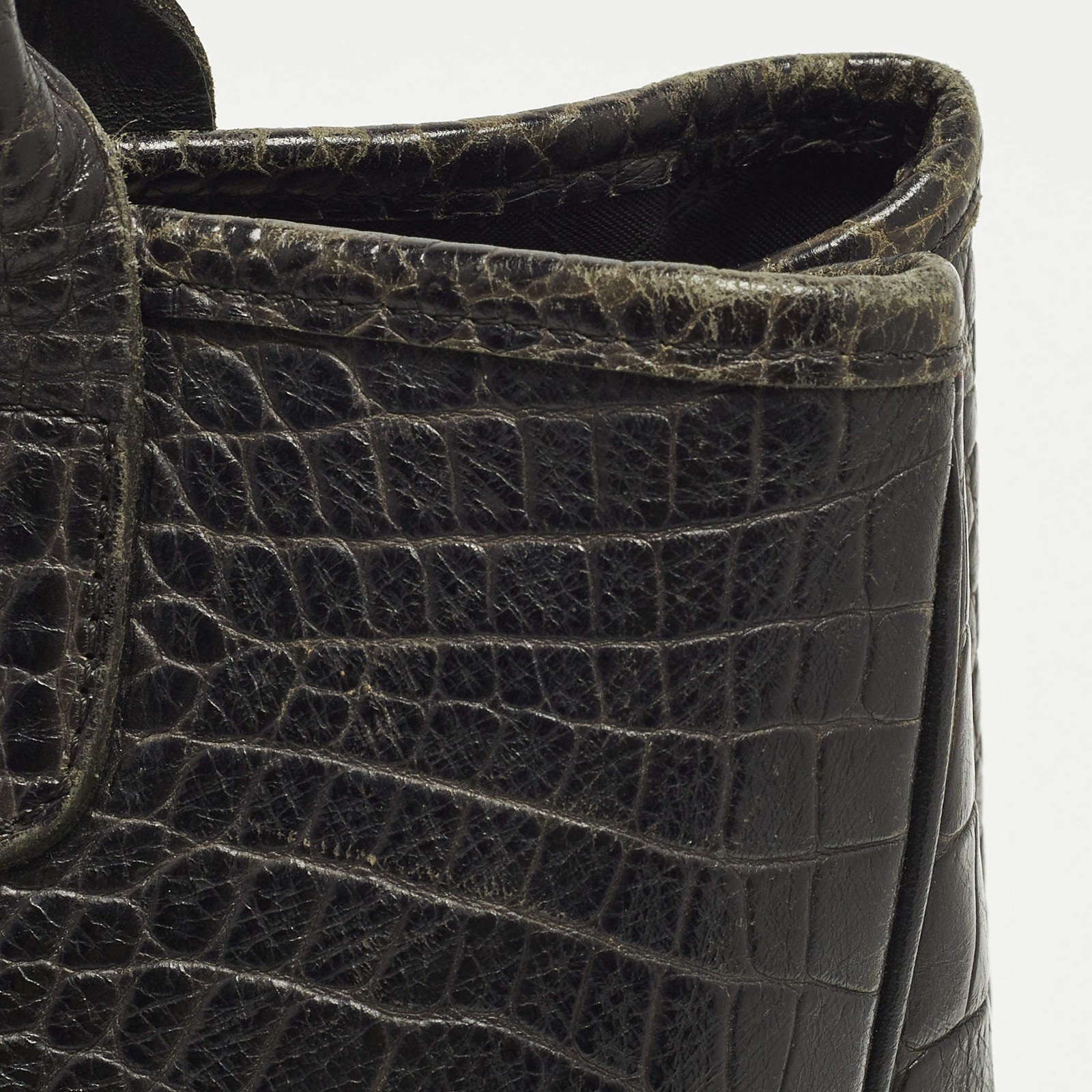 Longchamp Roseau Black Croc Embossed Leather Tote