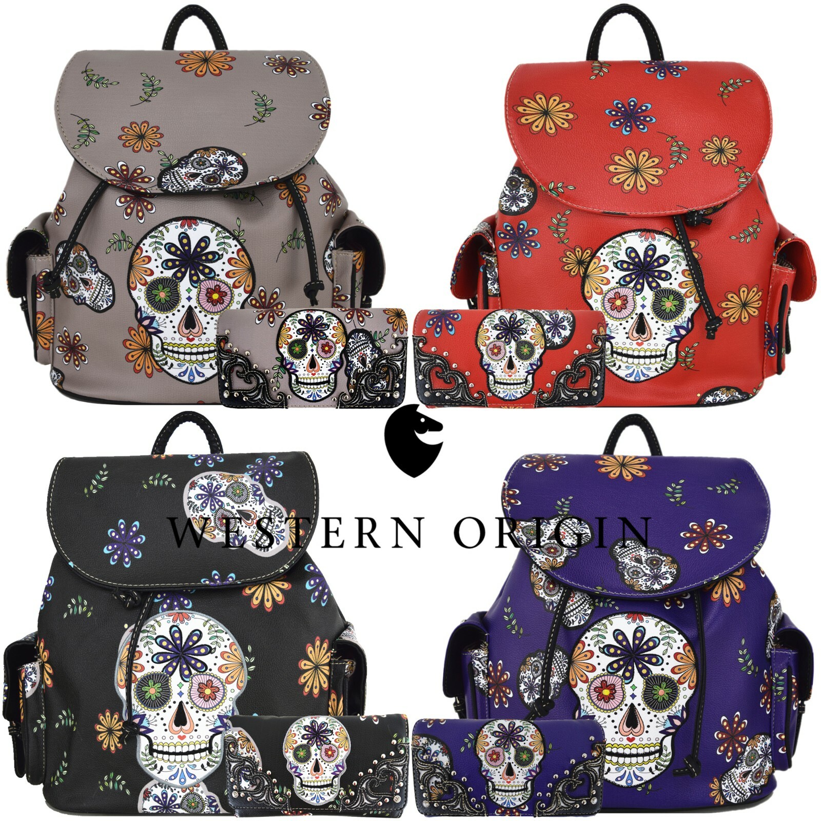 Sugar Skull Day of the Dead Backpack Daypack Women School Bag Biker Purse Wallet