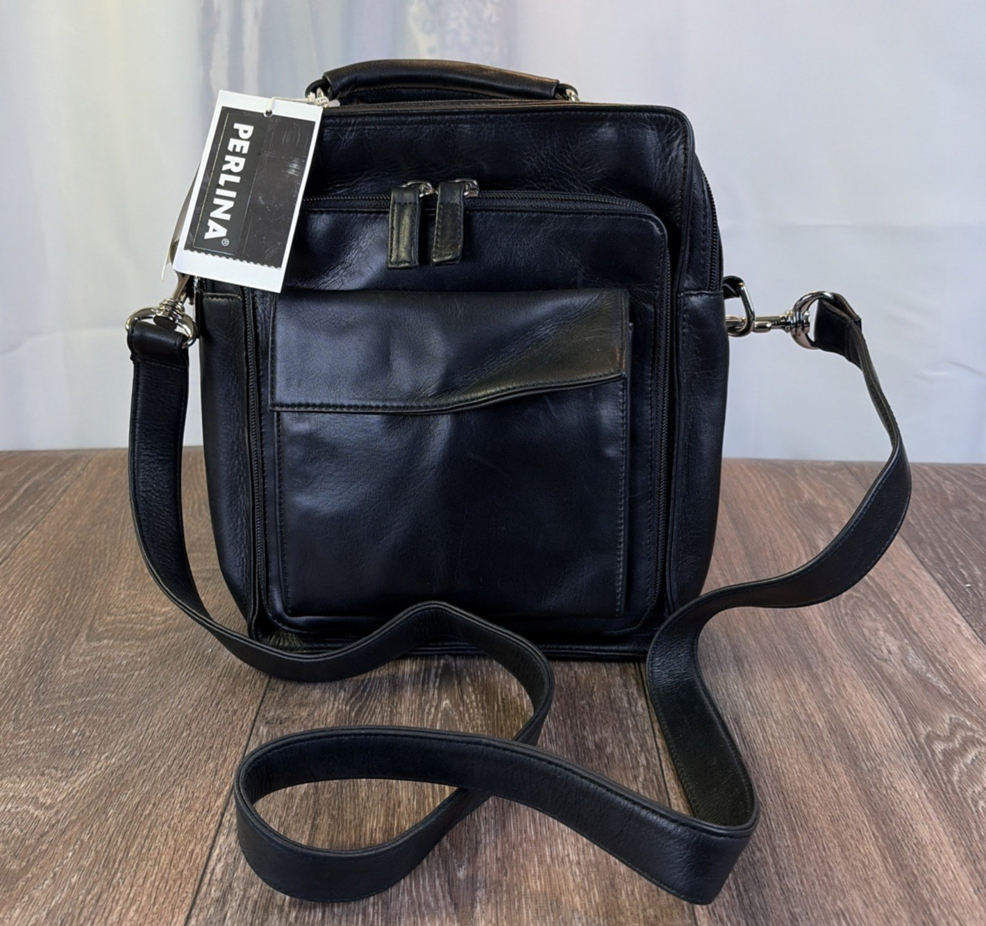 Perlina Black Leather Crossbody Bag Multi Zip Organizer Messenger Handbag