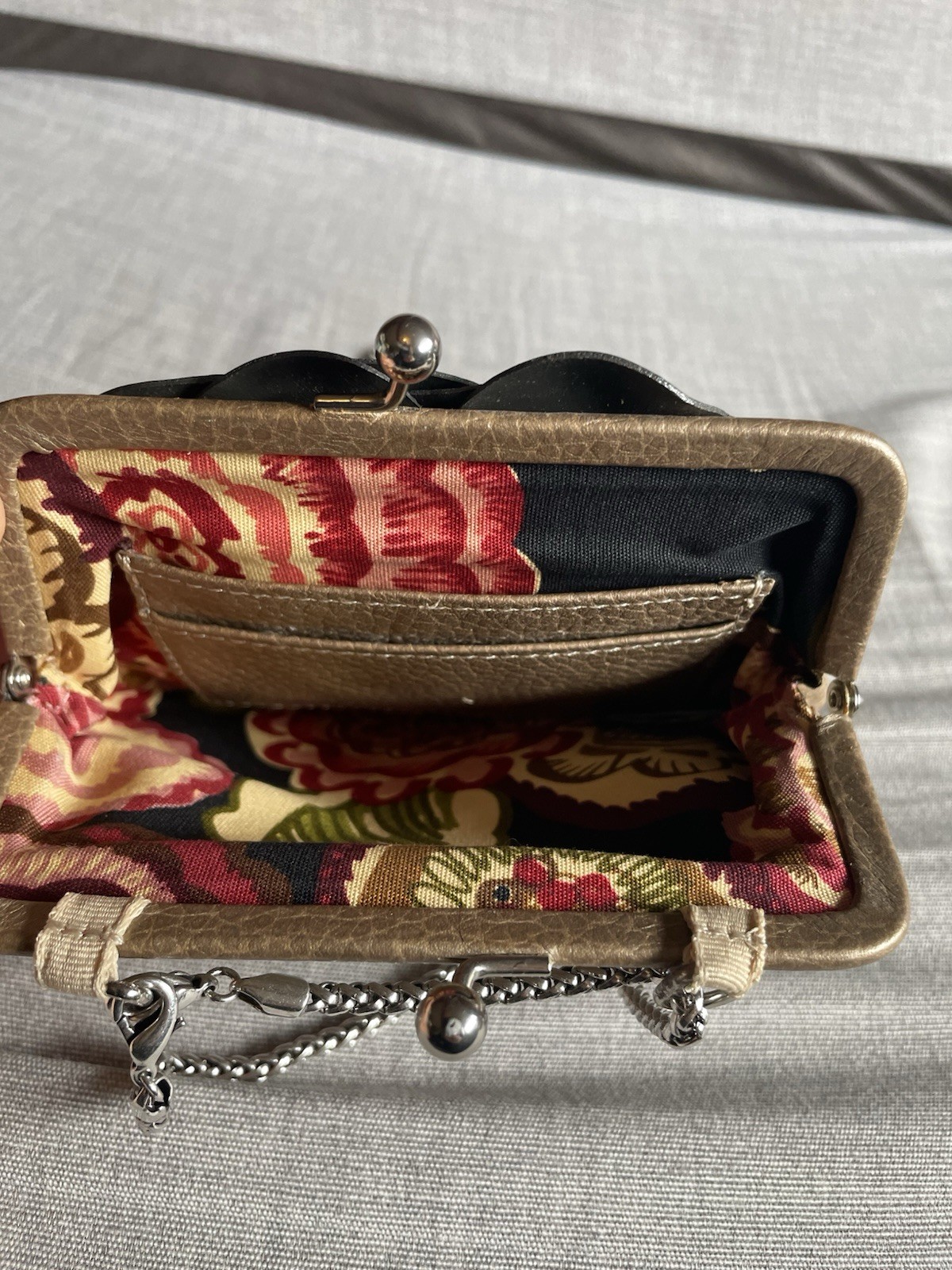 Brighton “Roselie”Metallic Pewter Leather Flower-small Purse-5”x6”-23”Strap