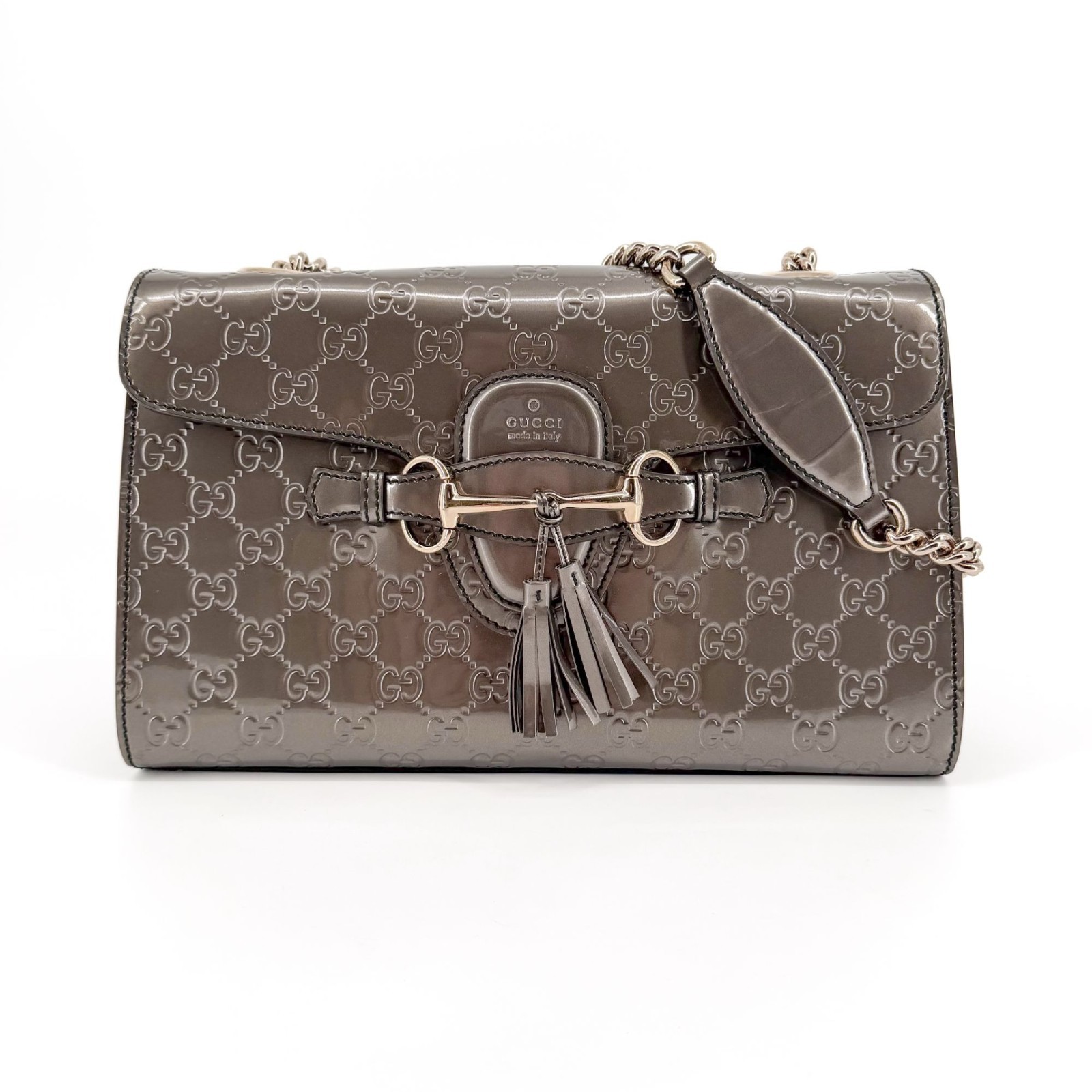 Gucci Emily Medium Chain Guccissima Shoulder Bag Gray Shine GG Patent Leather
