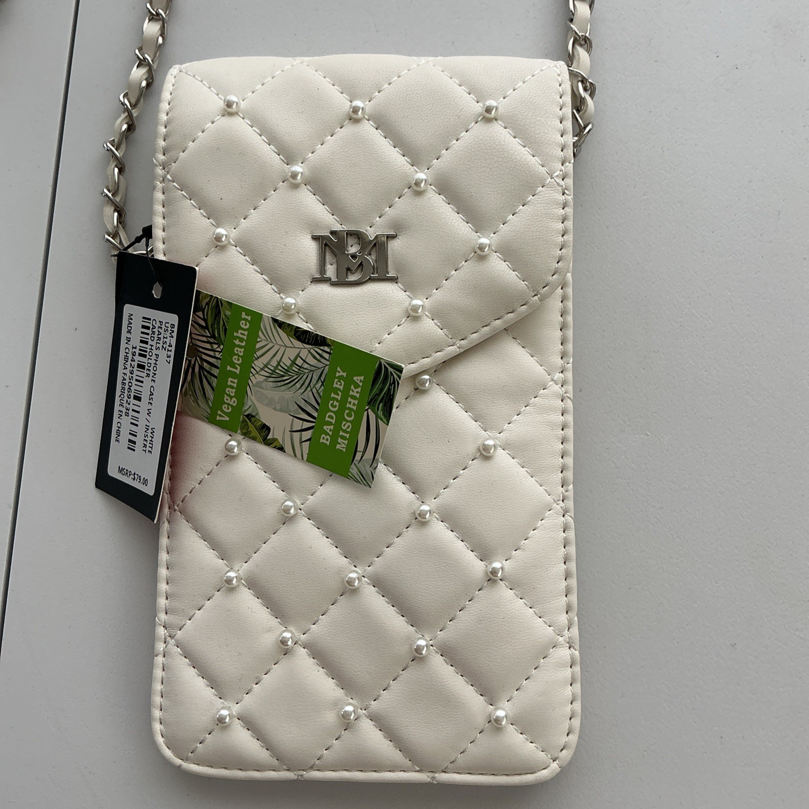 Badgley Mischka Quilted Pearl Phone Crossbody Chain Strap Card Holder