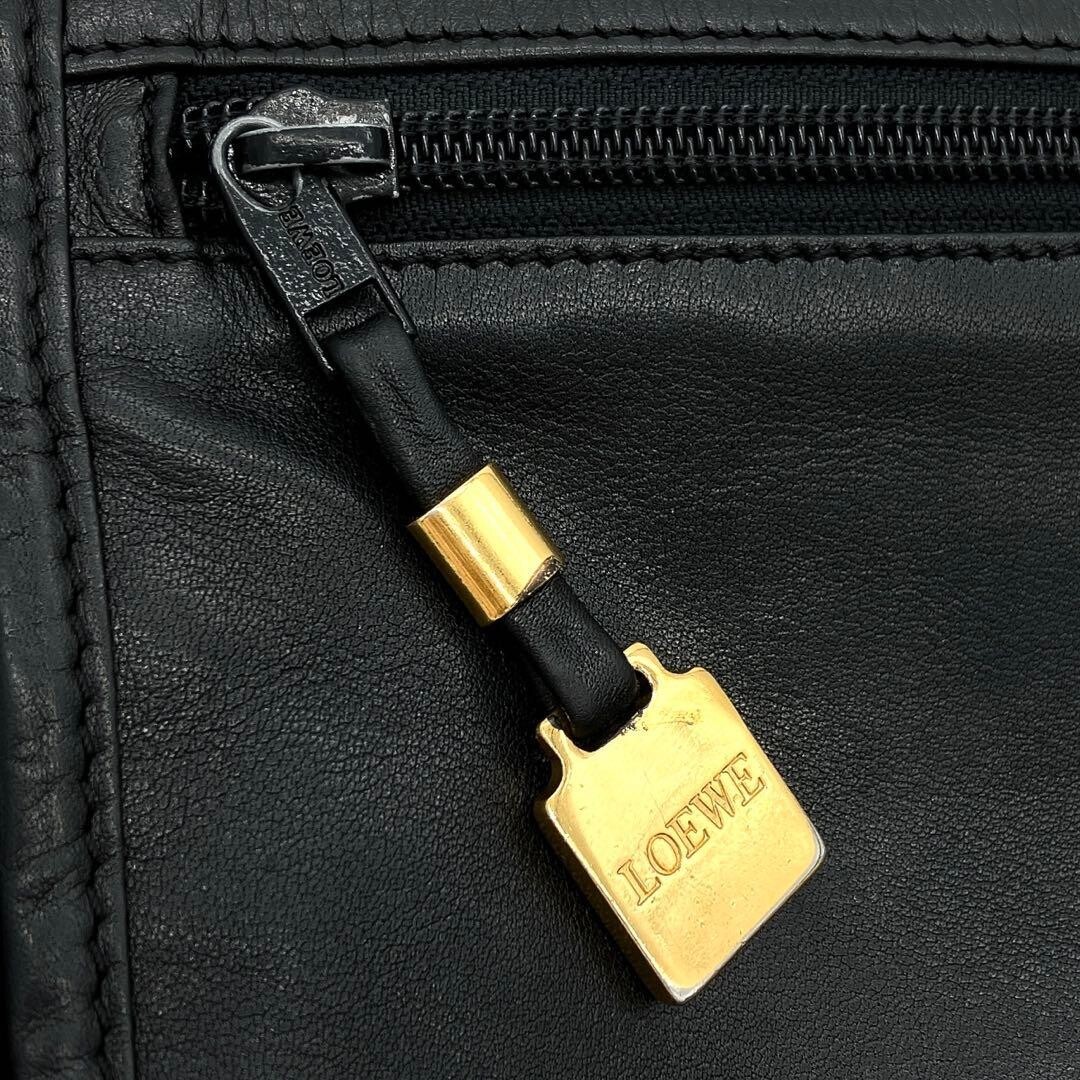 LOEWE Anagram Embossed Black Leather Shoulder Bag Gold Hardware Zip 27.5cm