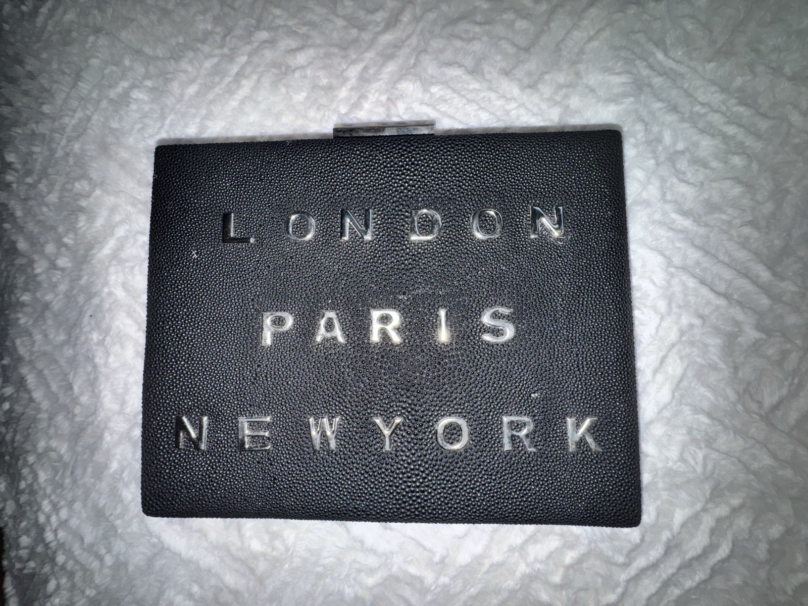 Embossed Black Clutch/Shoulder Bag with City Name Detail
