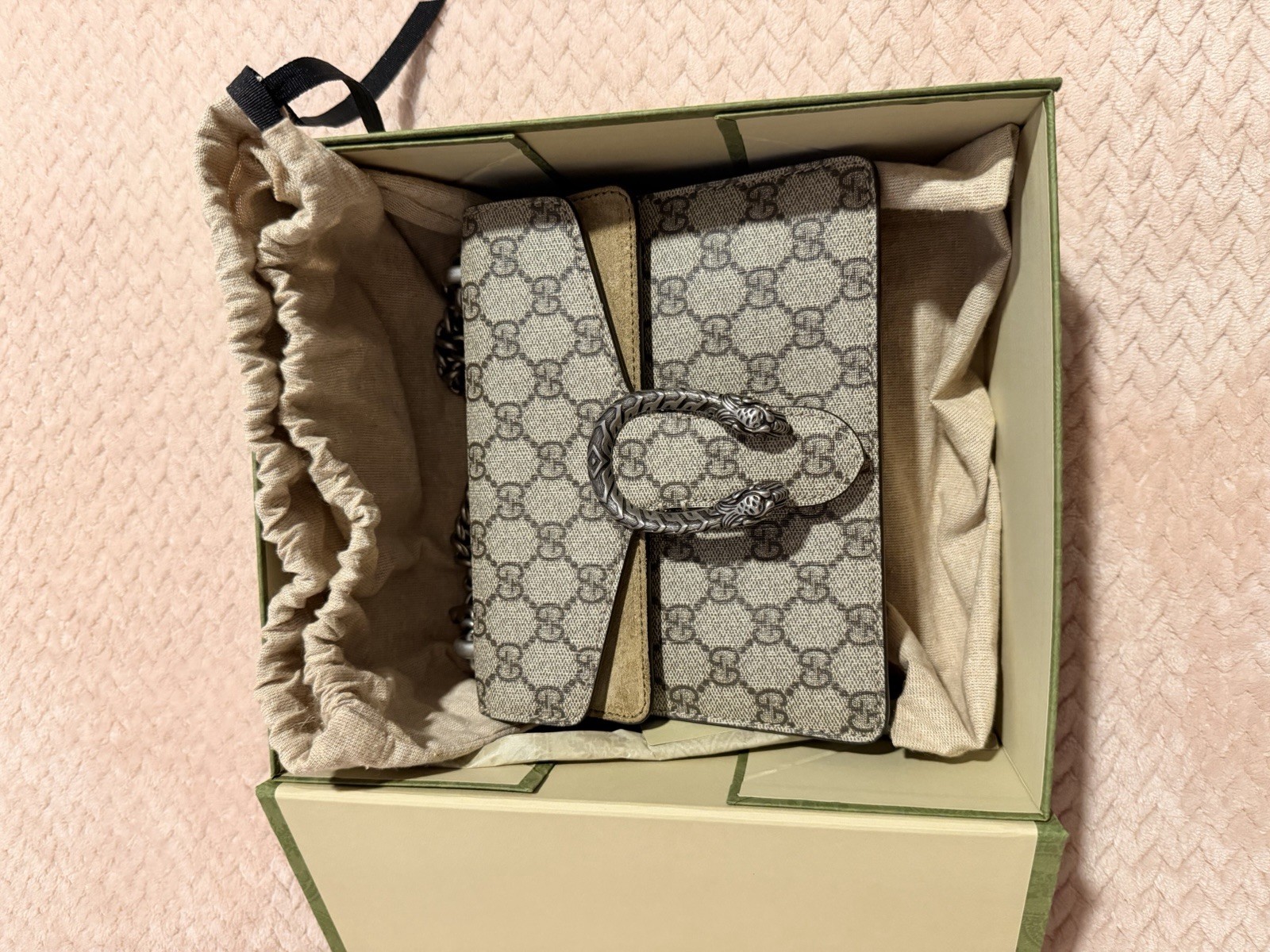 Gucci Dionysus GG Small Beige Shoulder Bag Silver Chain Push Lock Box