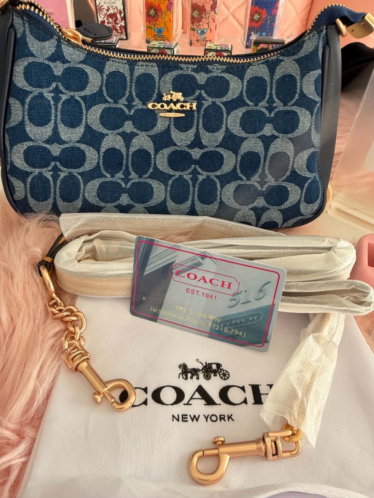 Coach Blue Signature Logo Crescent Shoulder Bag Zip w/ Detachable Strap Dust Bag