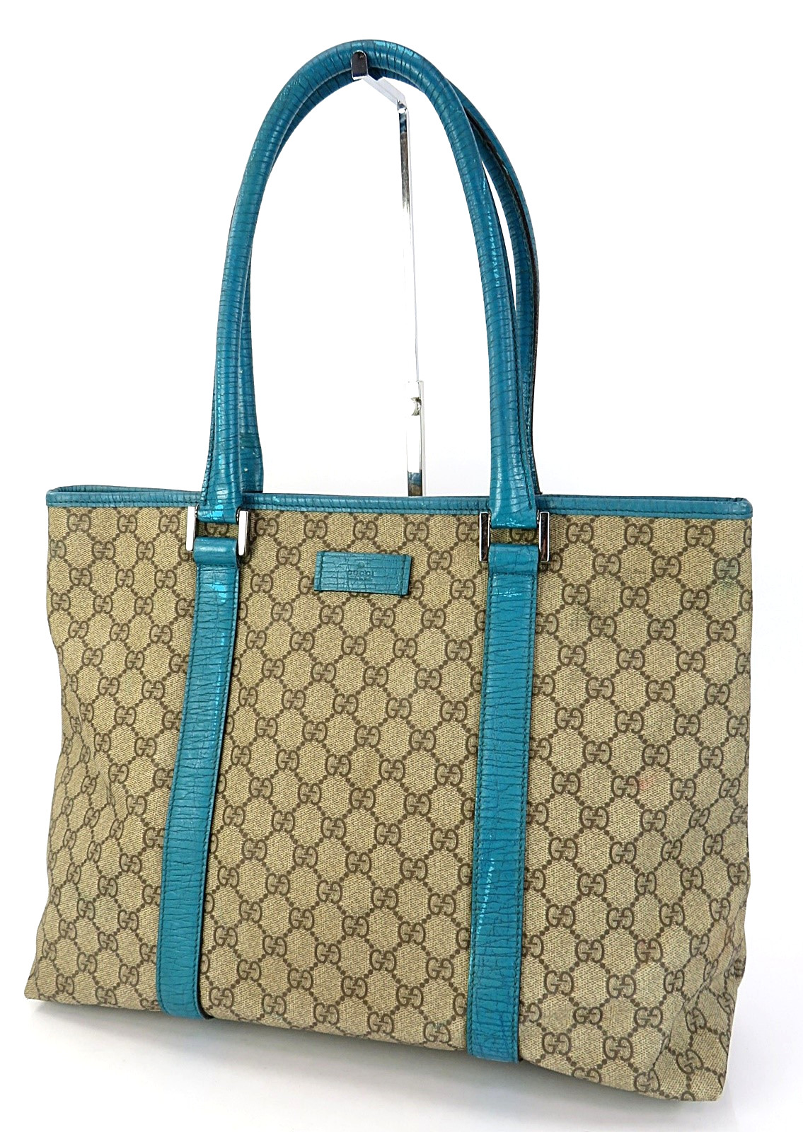 Auth GUCCI Brown GG PVC Canvas Supreme and Blue Leather Tote Bag Purse #64098