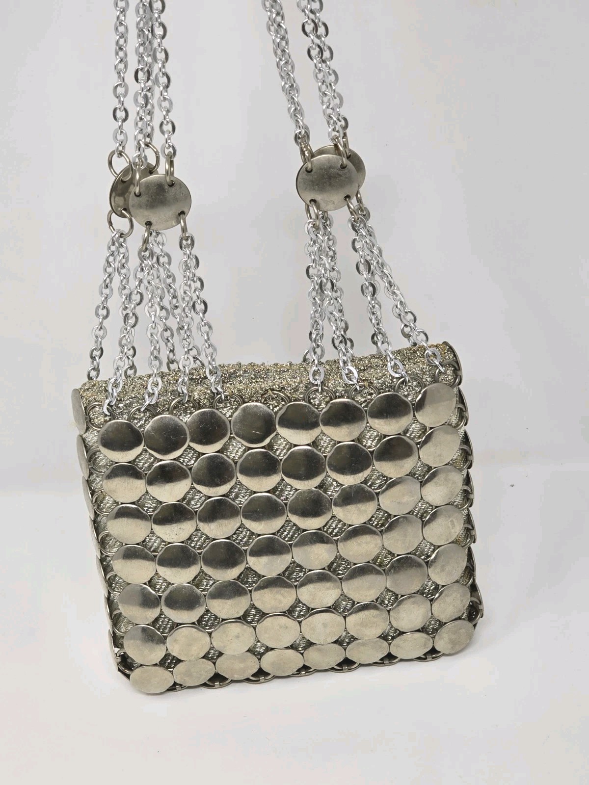 Vtg 70s Color Mate Silver Tone Metal Disc Evening Bag Hand Chain Disco Era Italy