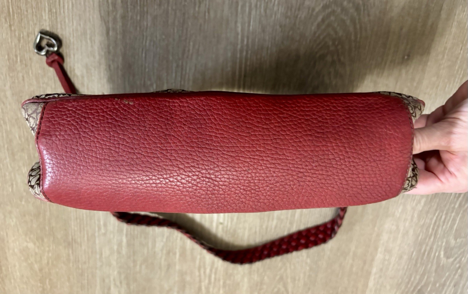 Vintage Brighton Red Beige Shoulder Bag Heart Charm, Braided Strap, Logo Pattern