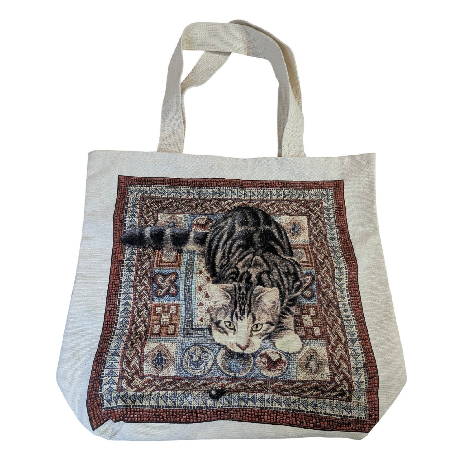 Tabby Cat Mosaic Rug Canvas Tote Bag Cream Brown Blue Animal Print Shopper
