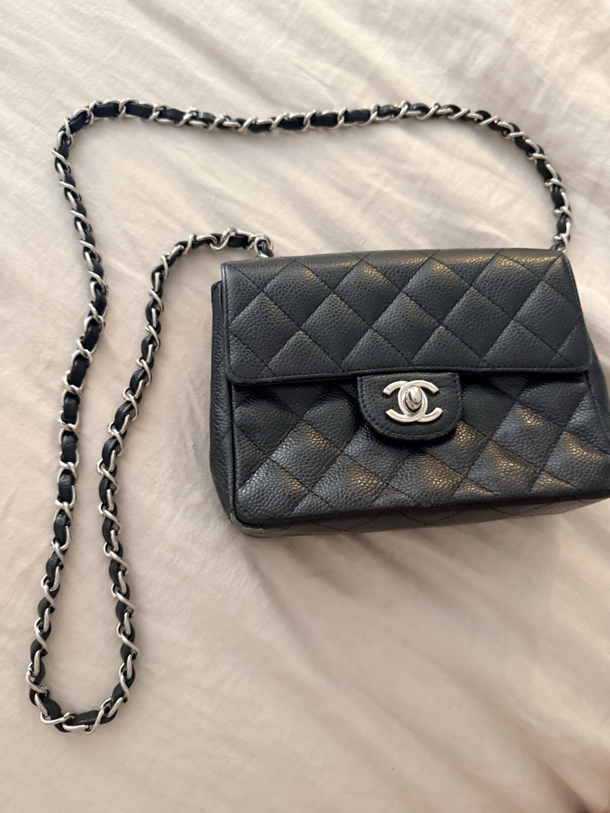 CHANEL Black Caviar Mini Square Bag Silver Chain CC Logo
