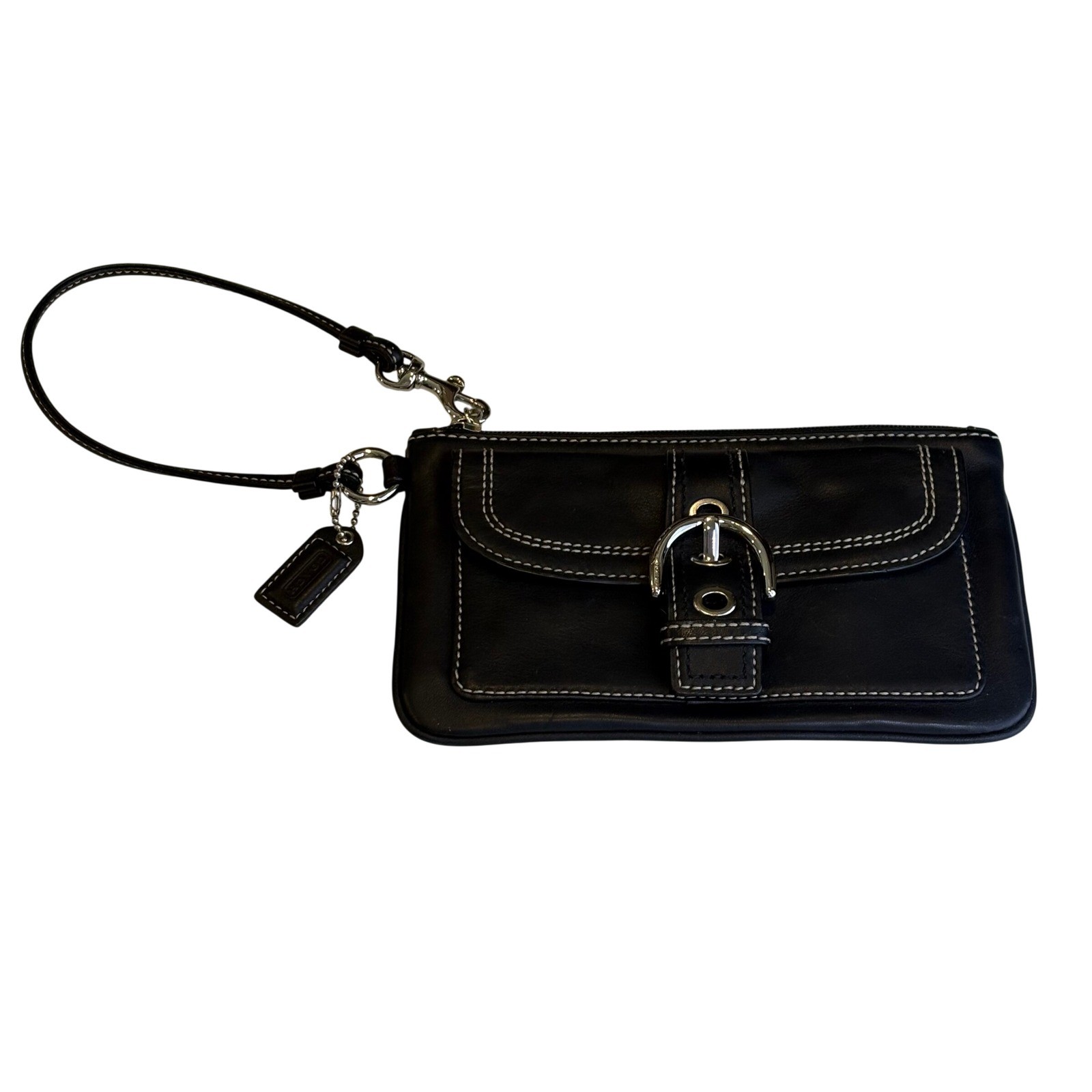Coach Black Leather Buckle Wristlet Contrast Stitch Silver Hardware Bag 8×4.5