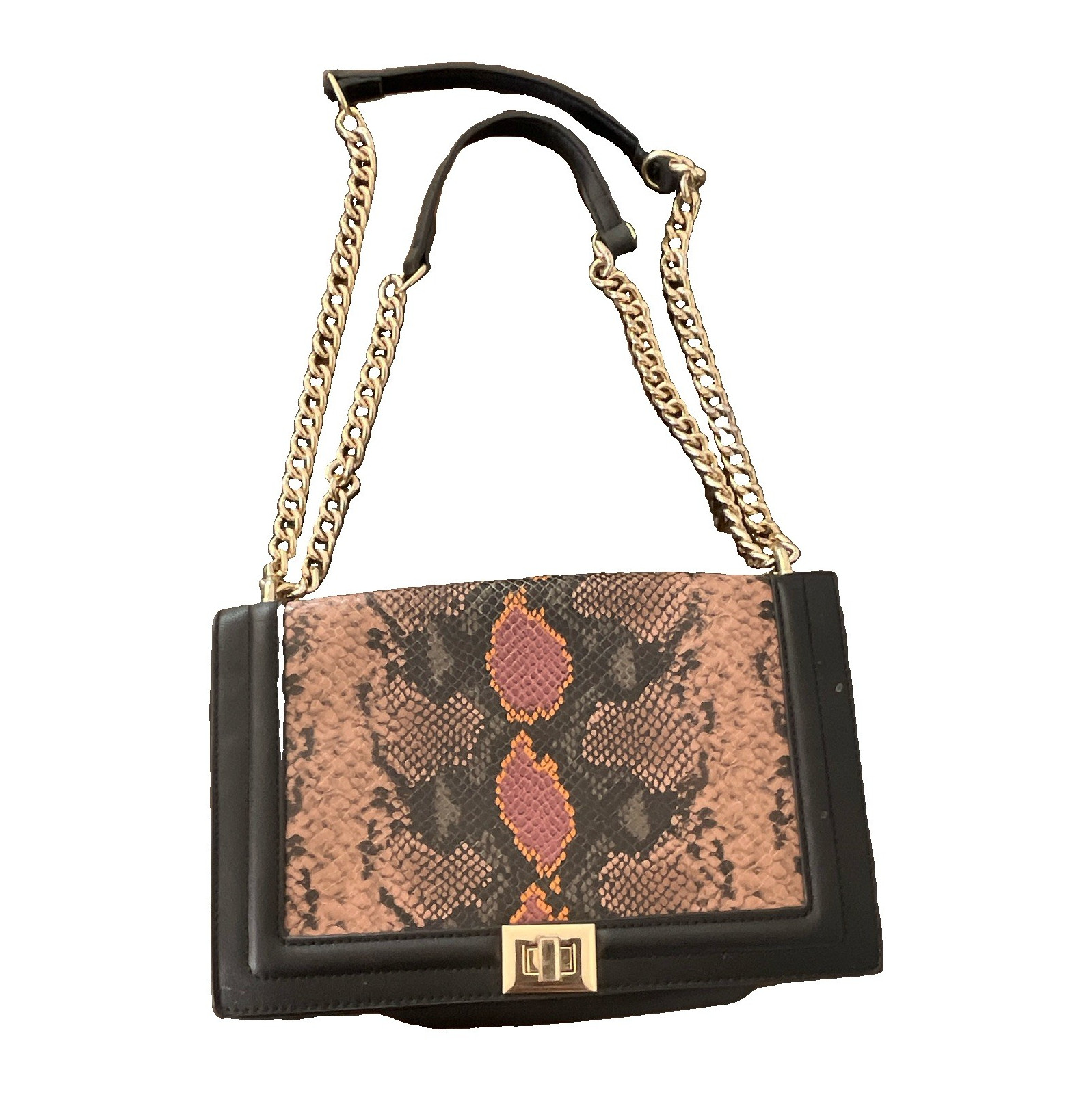 INC International Concepts Black Snake Print Shoulder Bag Gold Chain Turn Lock