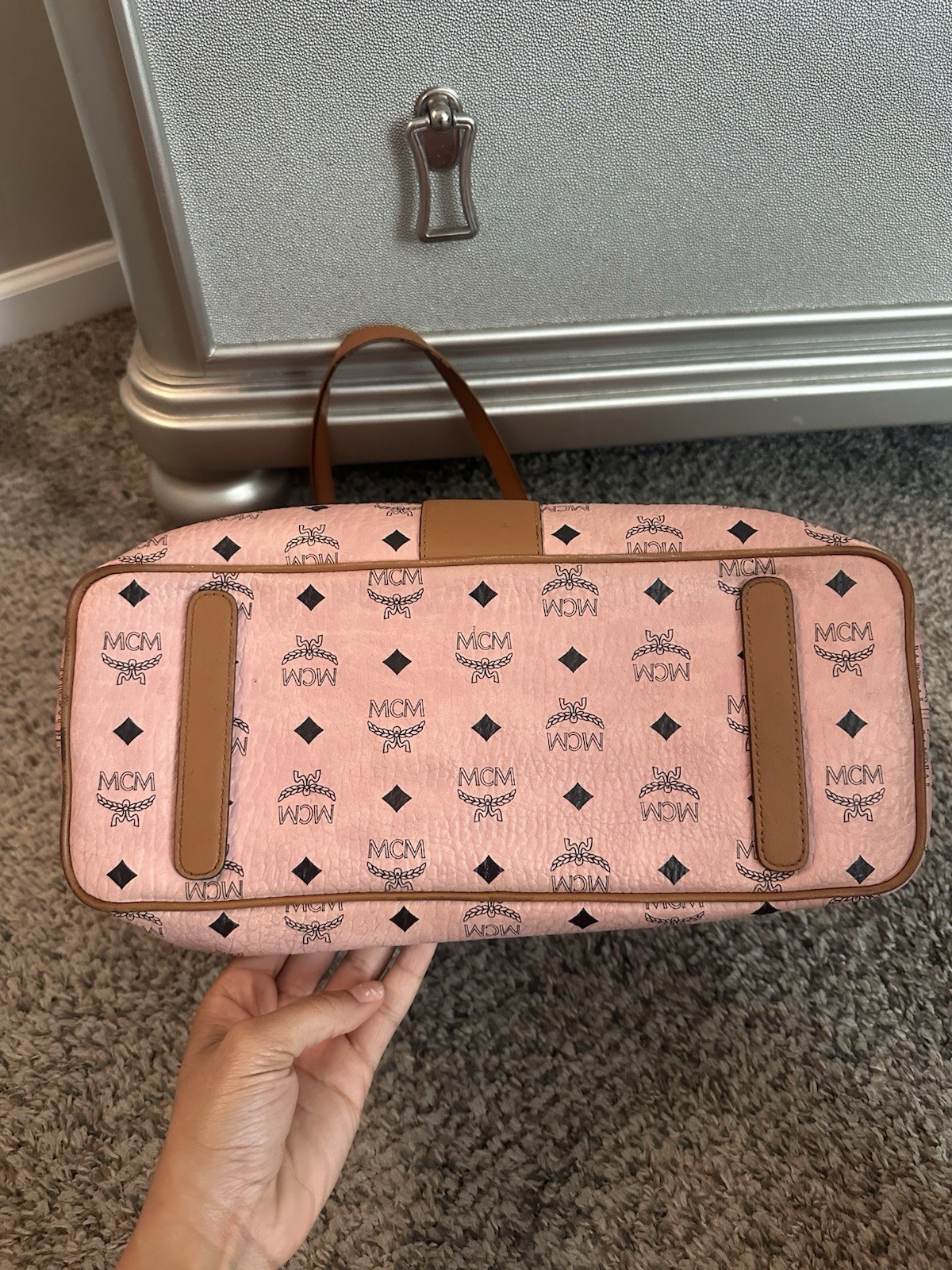 MCM medium Anya Visetos Zip Top Shopper tote in soft pink