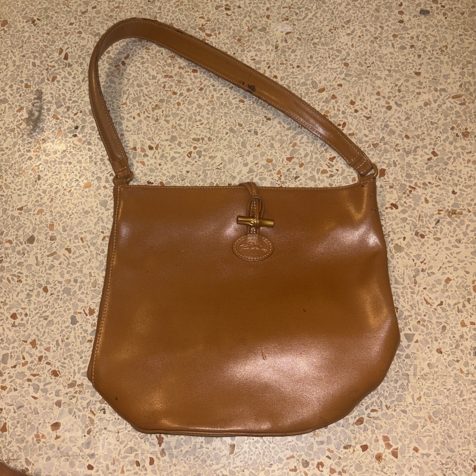Longchamp Paris Leather Bucket Bag Vintage Roseau Brown Drawstring Crossbody Sac