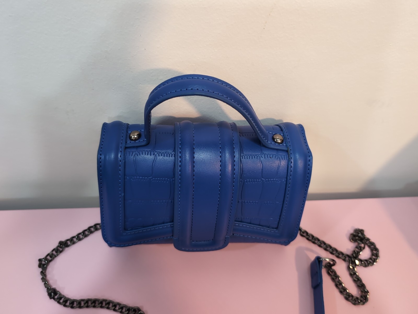 Royal Blue Embossed Small Crossbody Bag w/Chain Strap Top Handle Coquette Y2K