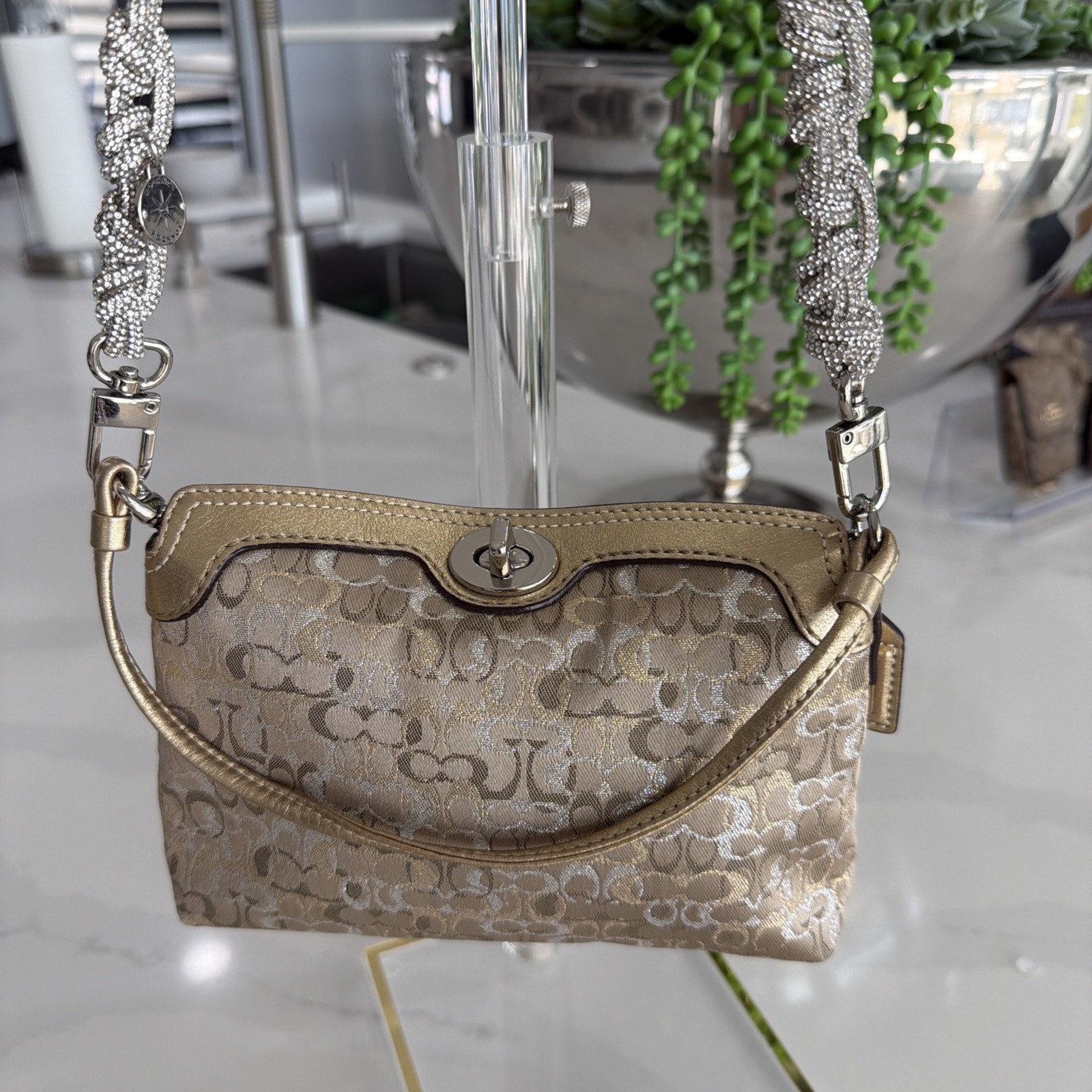 Coach Mini Wristlet Purse ShimmerGold Signature Vintage Extra Strap Not Included