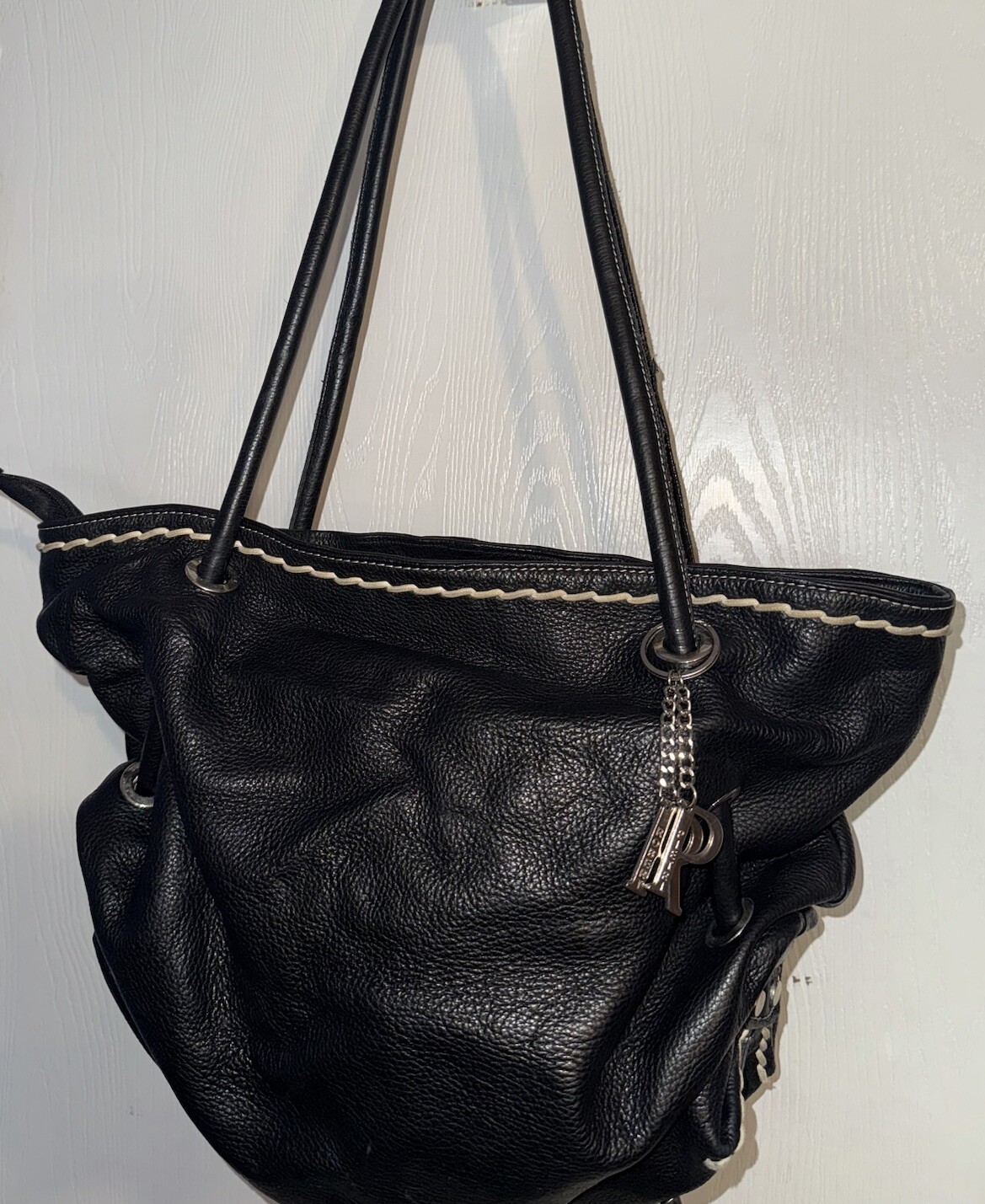 Black Pebbled Leather Slouch Stitched Shoulder Bag Purse Tote Robert Pietri
