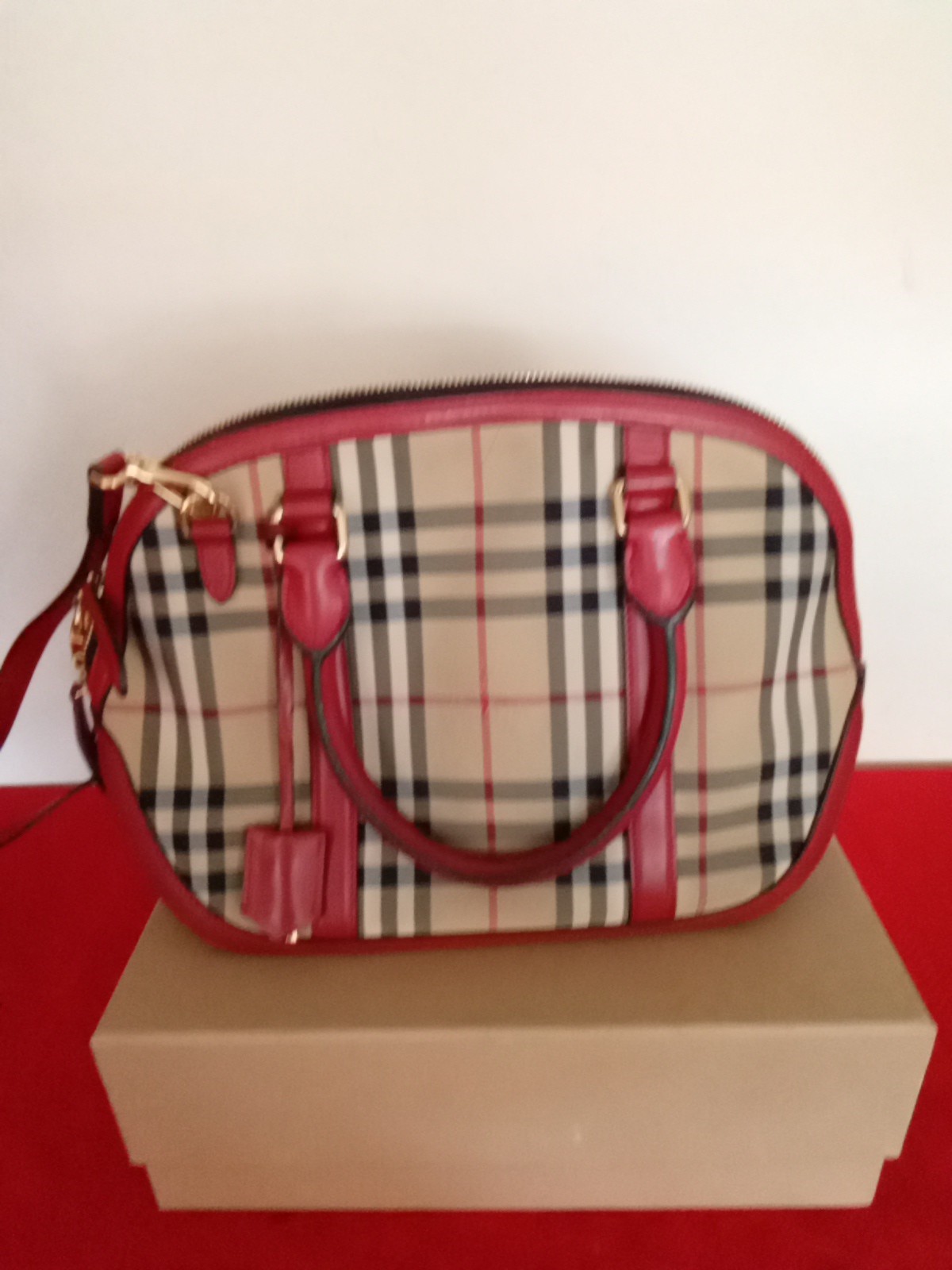 Burberry Red Horseferry Check Canvas Leather Small Orchard Bowling Bag