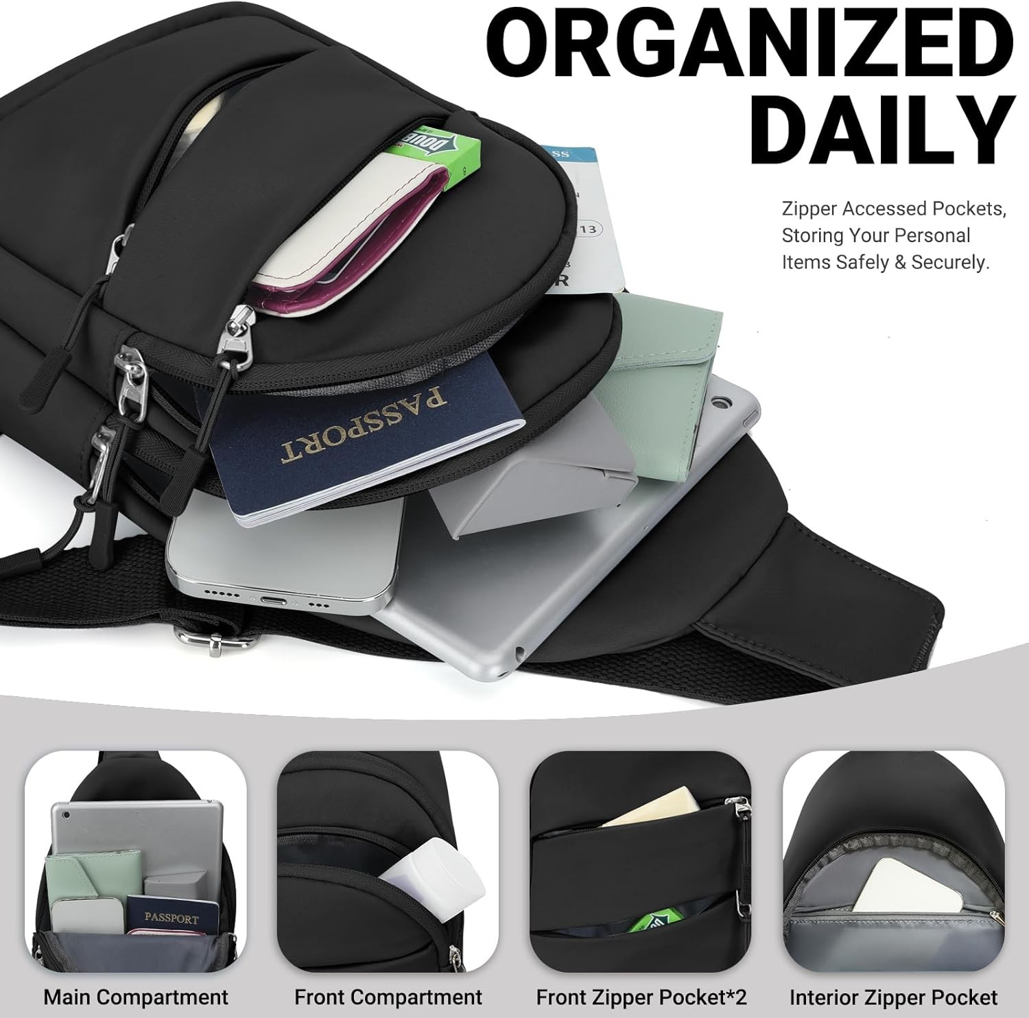 Lightweight Anti-Theft Crossbody Sling Bag for Outdoor Travel – Black