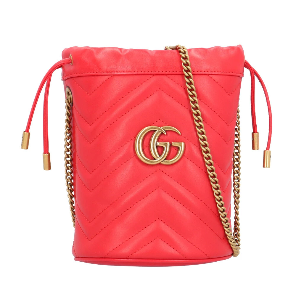 GUCCI Mini Bucket GG Marmont Shoulder Bag Leather Red Authentic