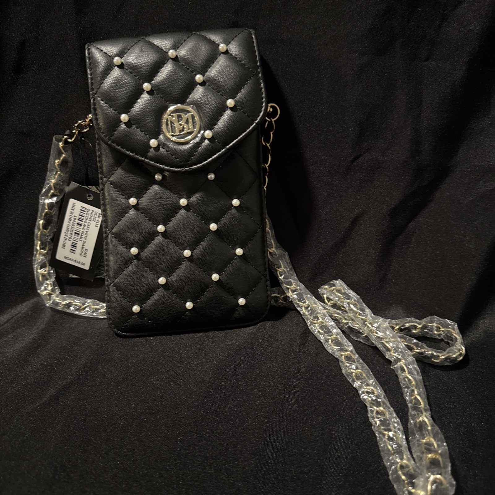 Badgley Mischka Studio Phone Case Cross Body Black Quilting w/ Pearls Gold Chain
