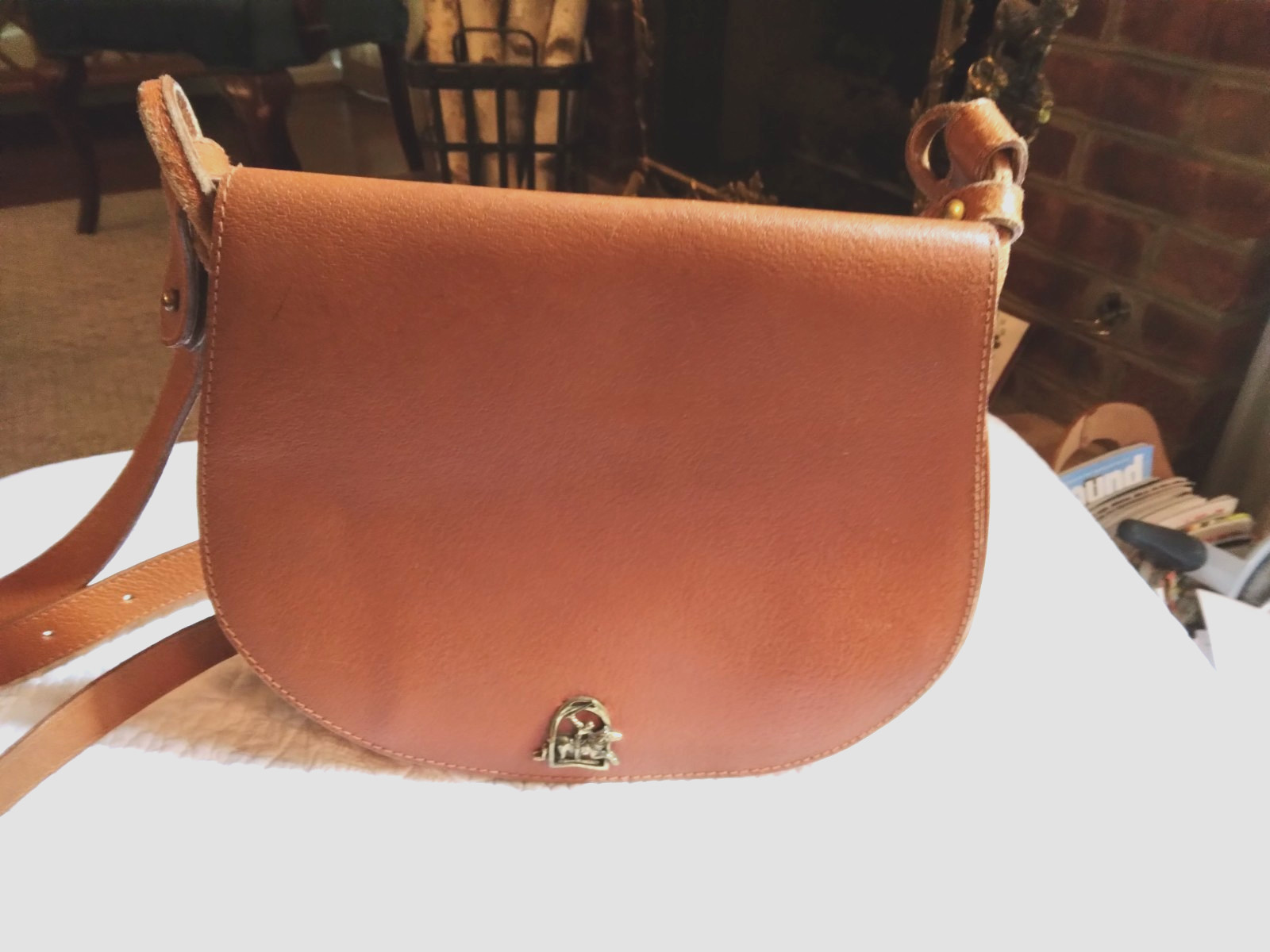 Ralph Lauren Vintage Tan Leather Saddle Bag with Brass Polo Rider and Horse