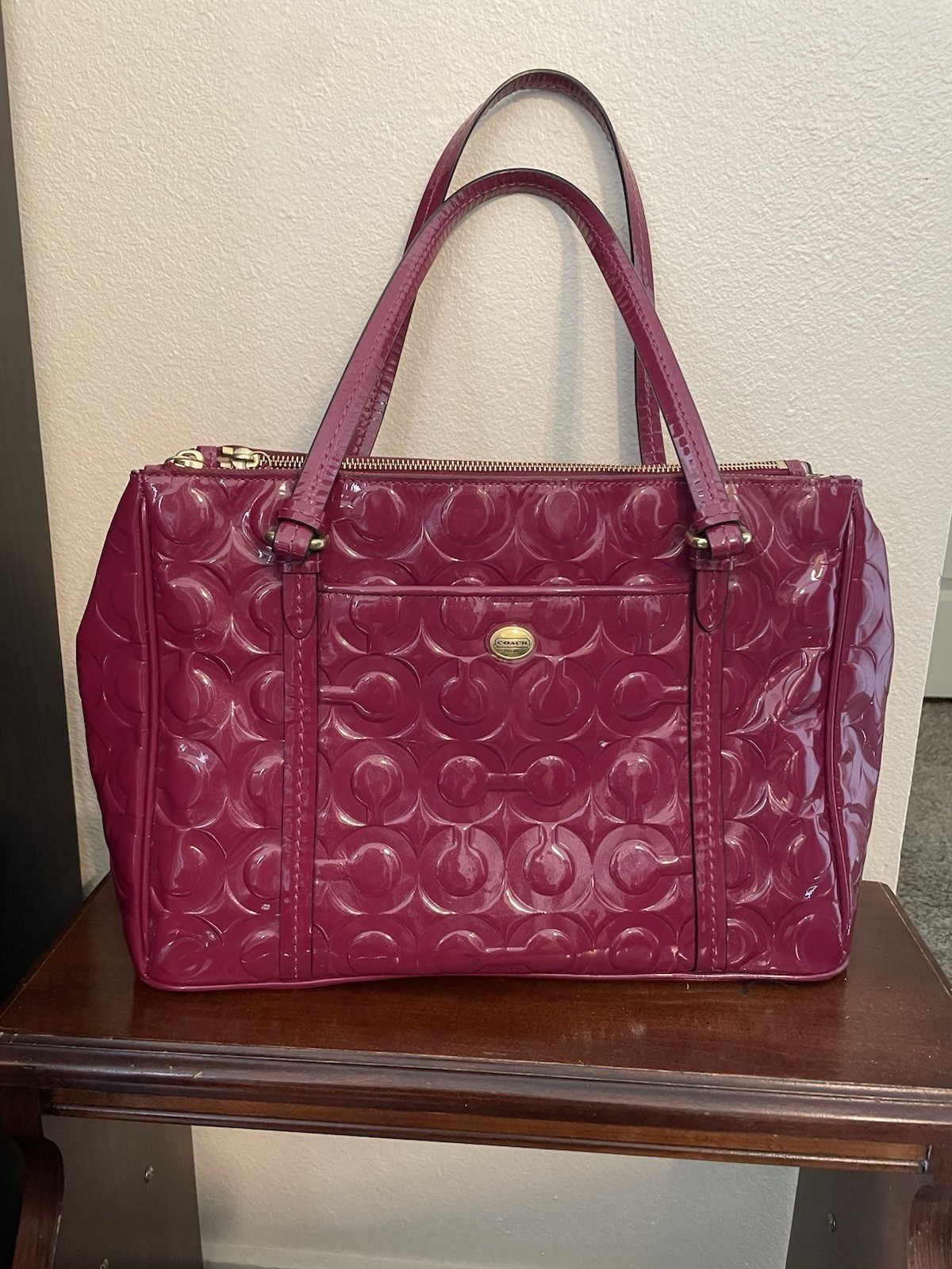 Coach Peyton Op Art Embossed Patent Double Zip Carryall 24607 Passion Berry