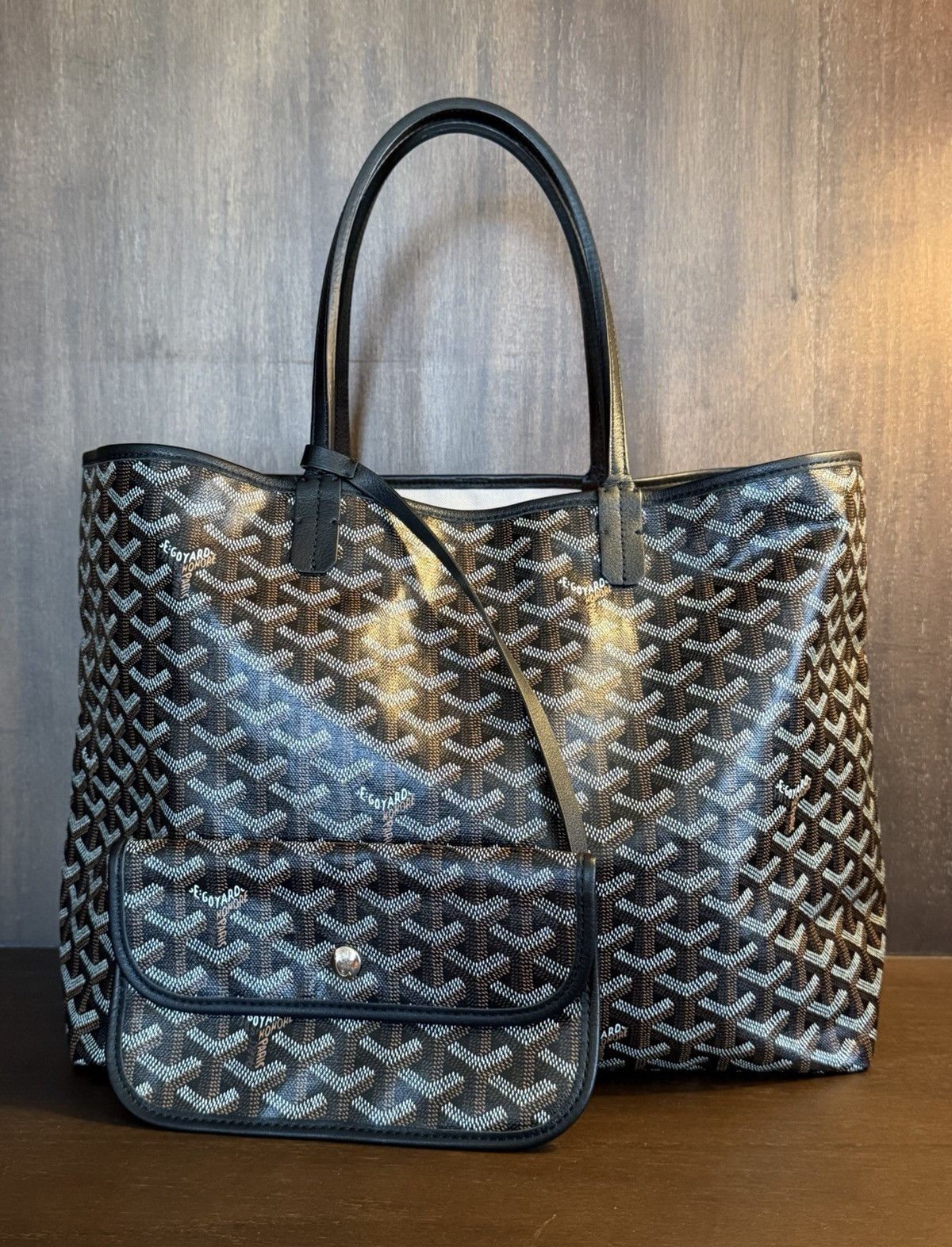 Goyard Goyardine Tote Bag Black/Brown/Gray w/ Removable Pouch Silver HW