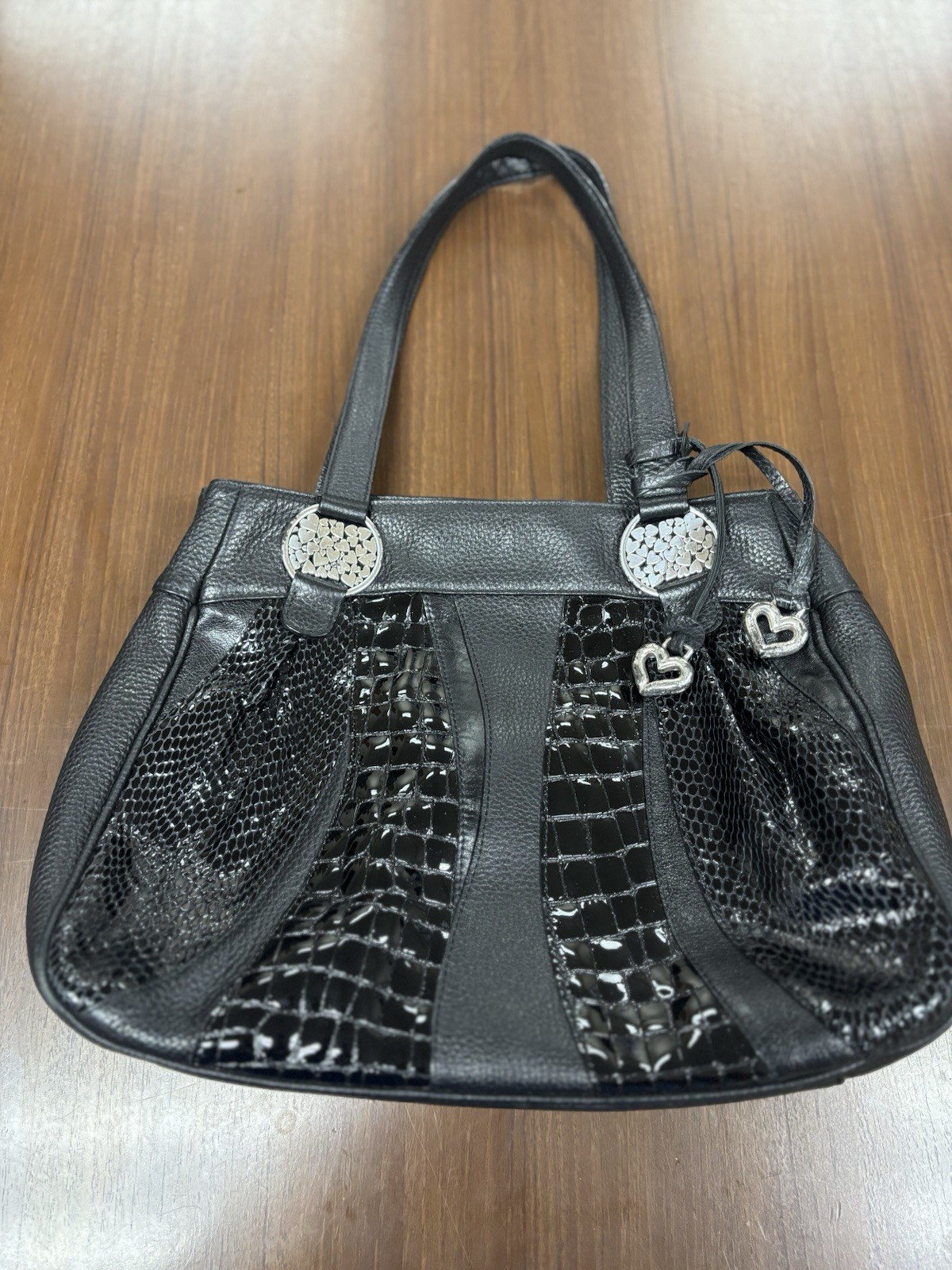 BRIGHTON Black Patent Leather embossed Croc Glam Pebbled Leather Shoulder Bag
