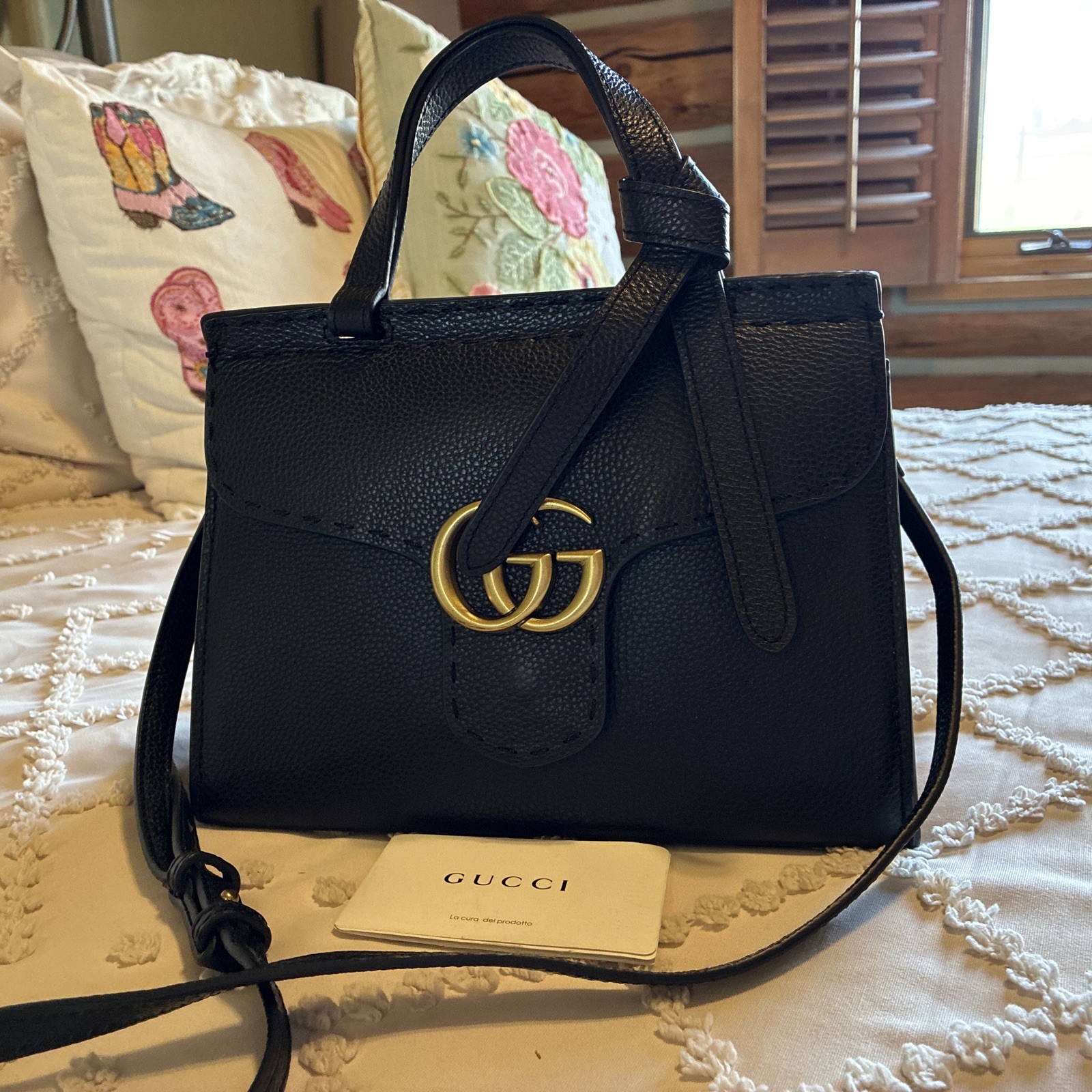 GUCCI GG MARMONT TOP HANDLE 2 WAY CROSSBODY LEATHER BAG * BLK * 442662 * GREAT!