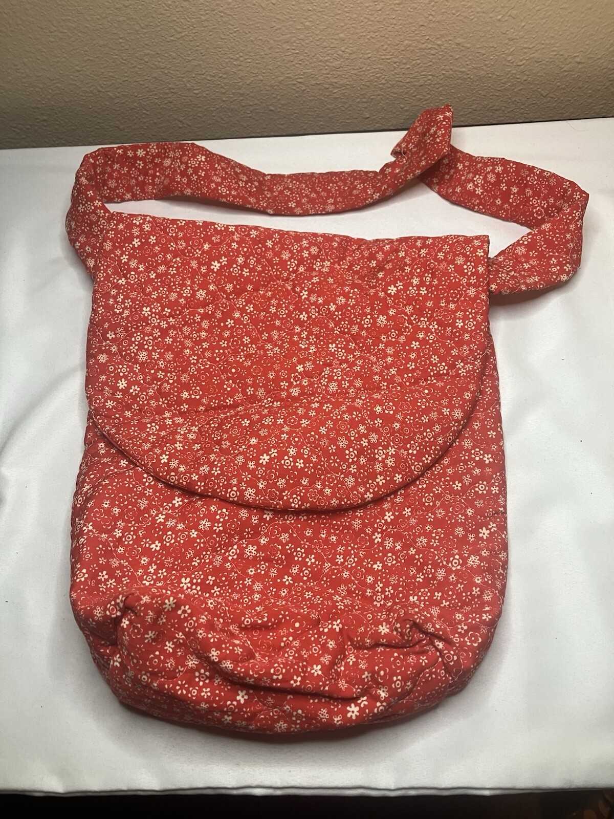 Unique Vintage 70s Homemade Cotton Hobo Bag Purse Red Flower Fabric