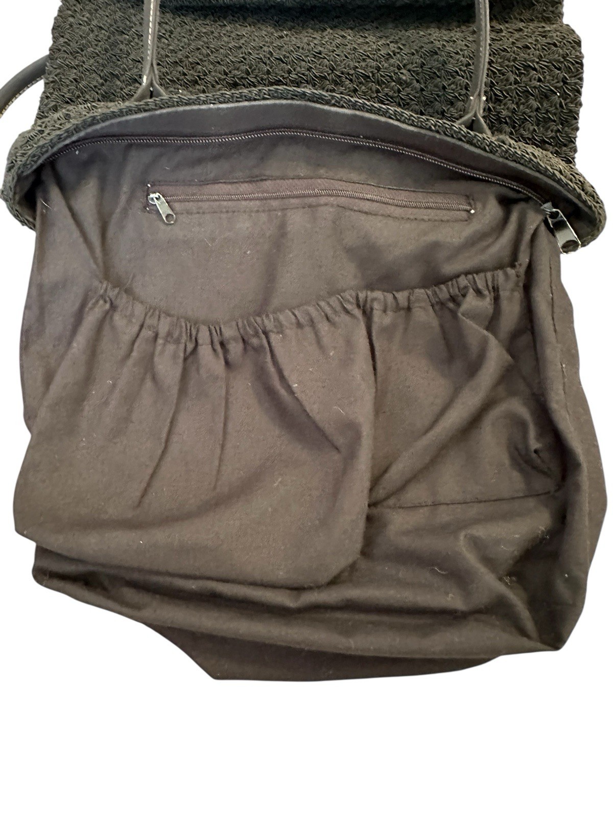 Vintage Black Knitted Lined Zipper Closure Lightweight Satchel Shoulder Bag Boho