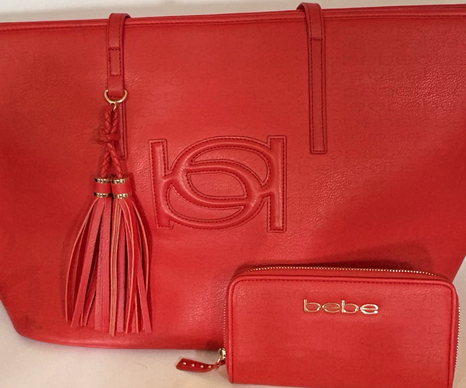 bebe Red Large Tote Handbag Purse Matching Zip Wallet Tassel 2 Strap