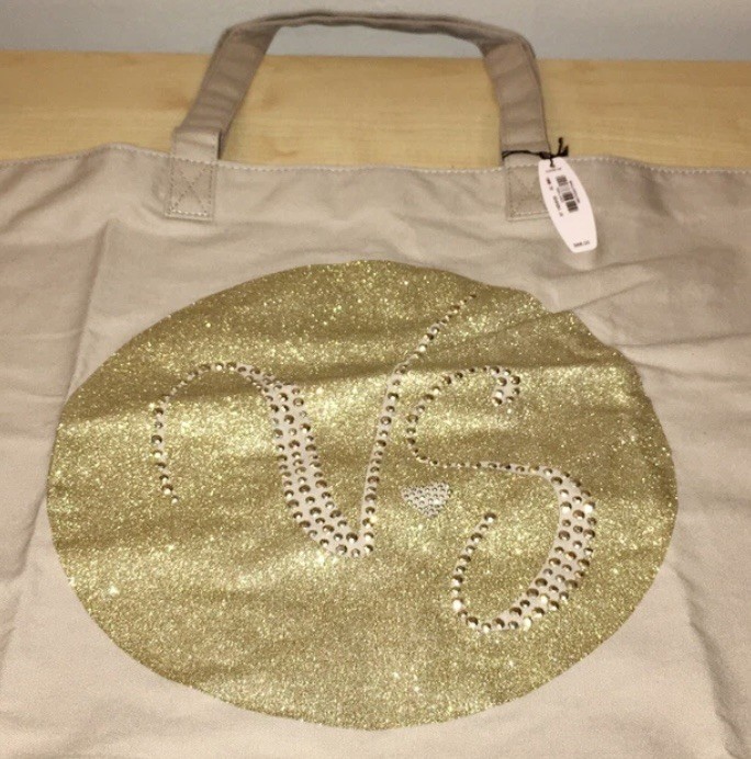 Victoria Secret Tote Bag Beige Gold 16 x 16 Bling Glitter New