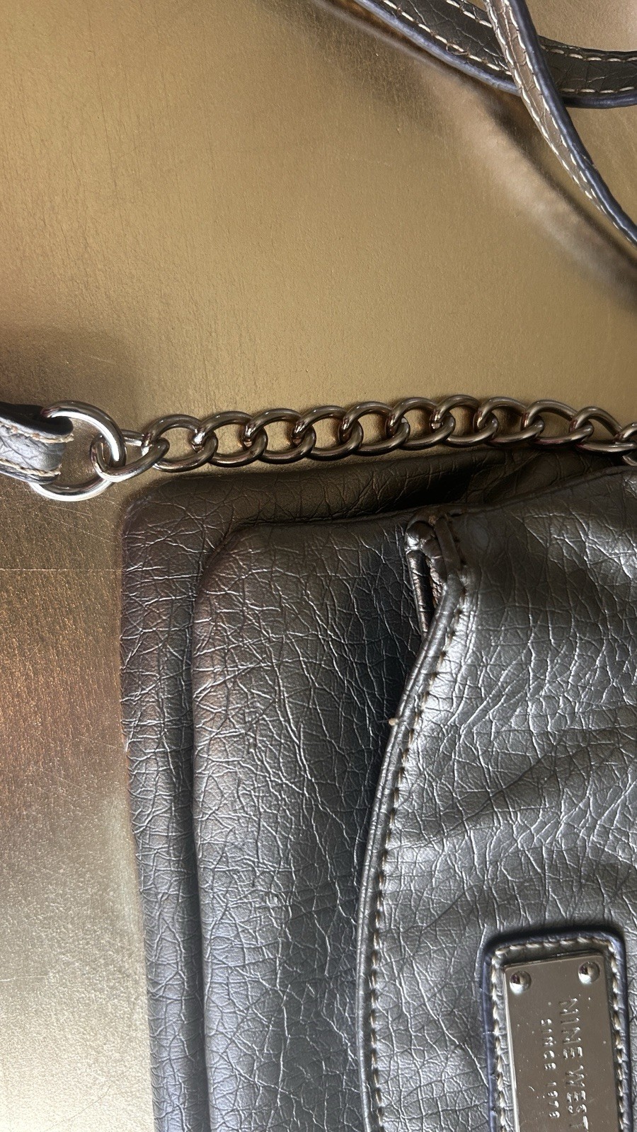 Nine West Olive color . Metal Logo Zip Crossbody Bag, Adjustable Strap, Pockets