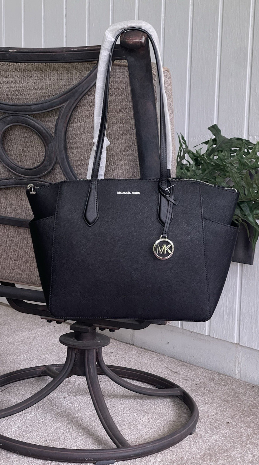 MICHAEL KORS MARILYN MEDIUM LARGE ZIP TOTE SHOULDER BAG BLACK LEATHER SILVER