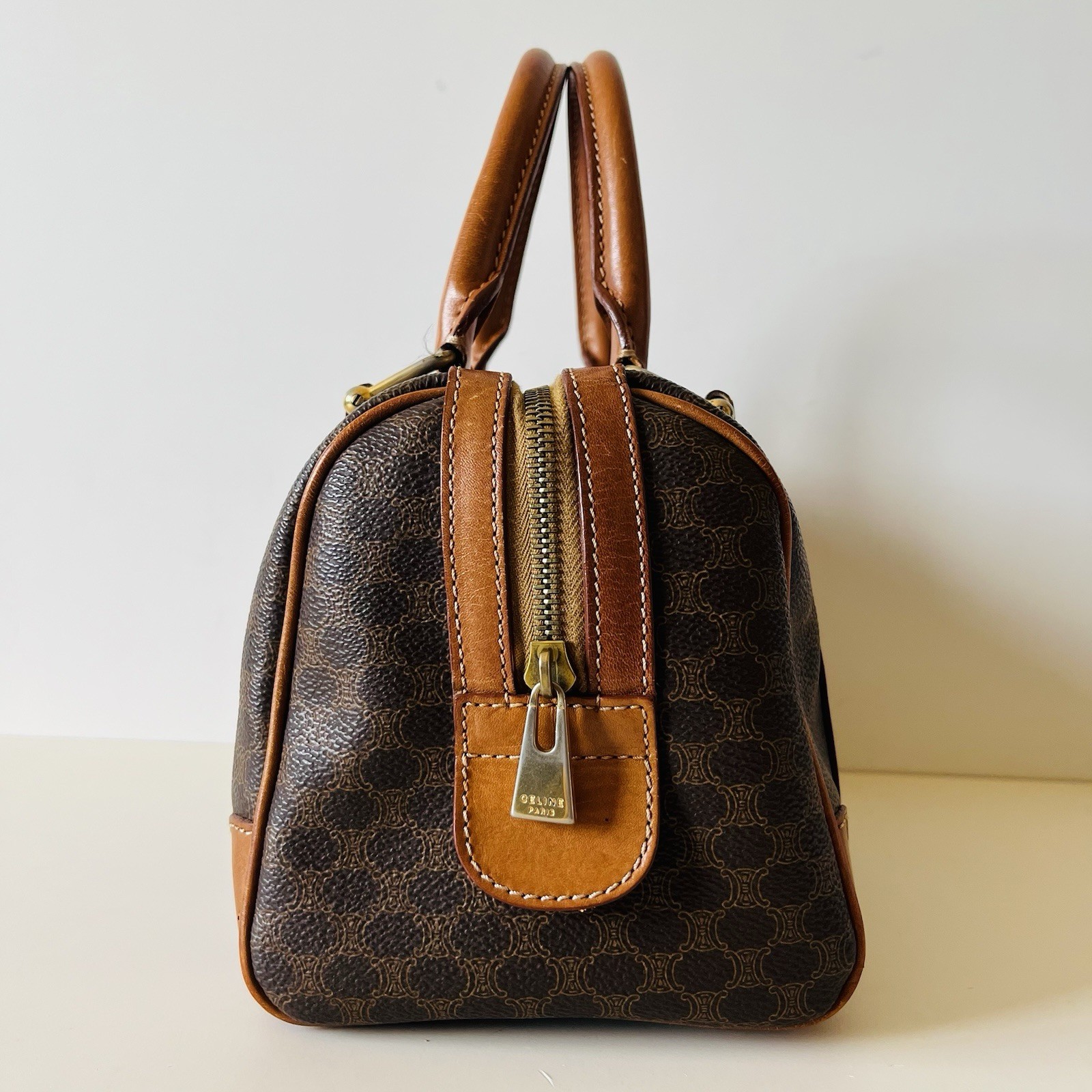 CELINE vintage Macadam Mini Boston Bag handbag Triomphe Logo Brown Leather/PVC