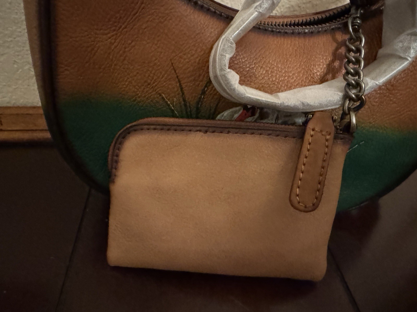 LRTO Leather Hand Painted Swan Green /Brown Satchel Shoulder Handbag w/ Coin Bag