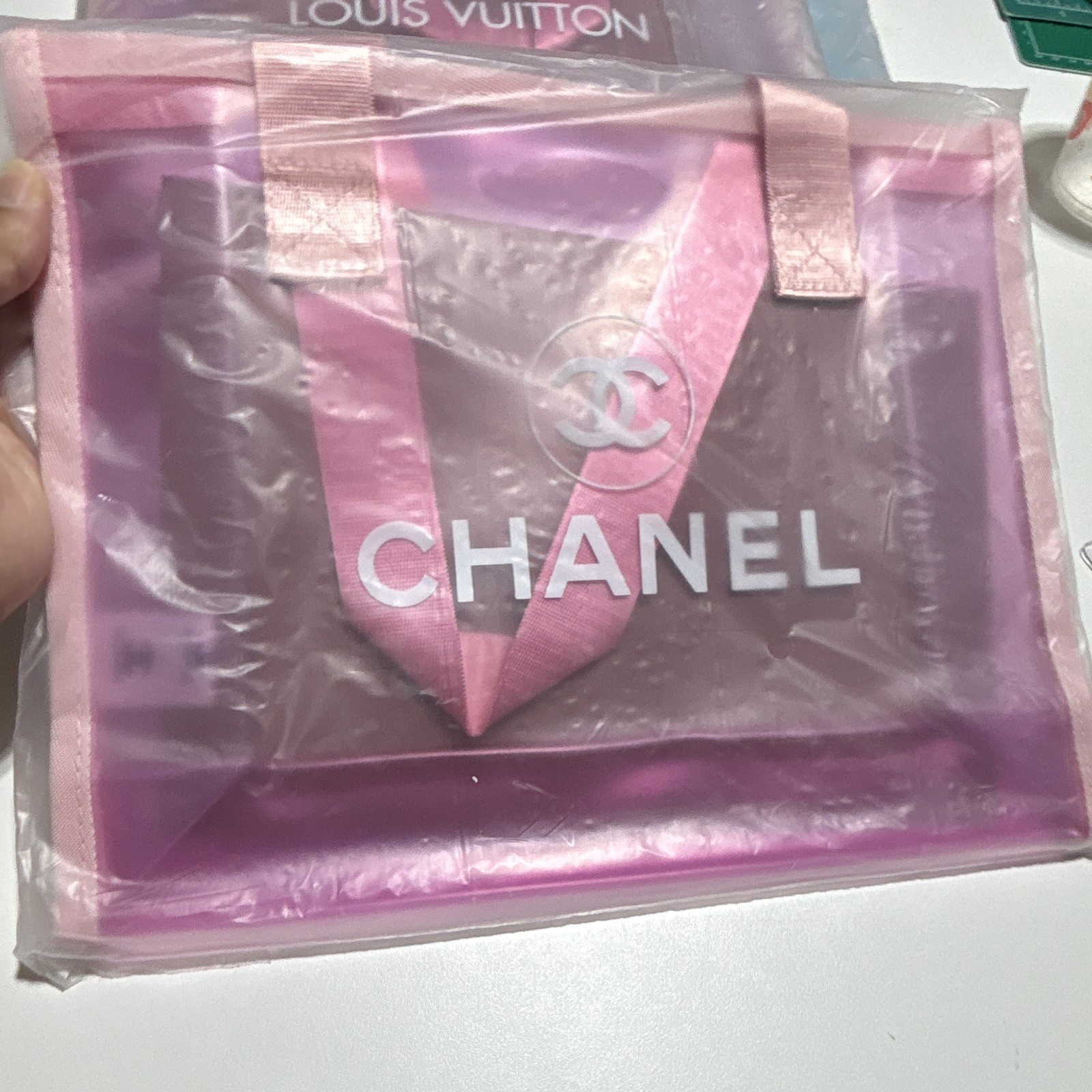 CHANEL Transparent Pink/Purple Logo Tote Bag Top Handle w/ Dust Bag