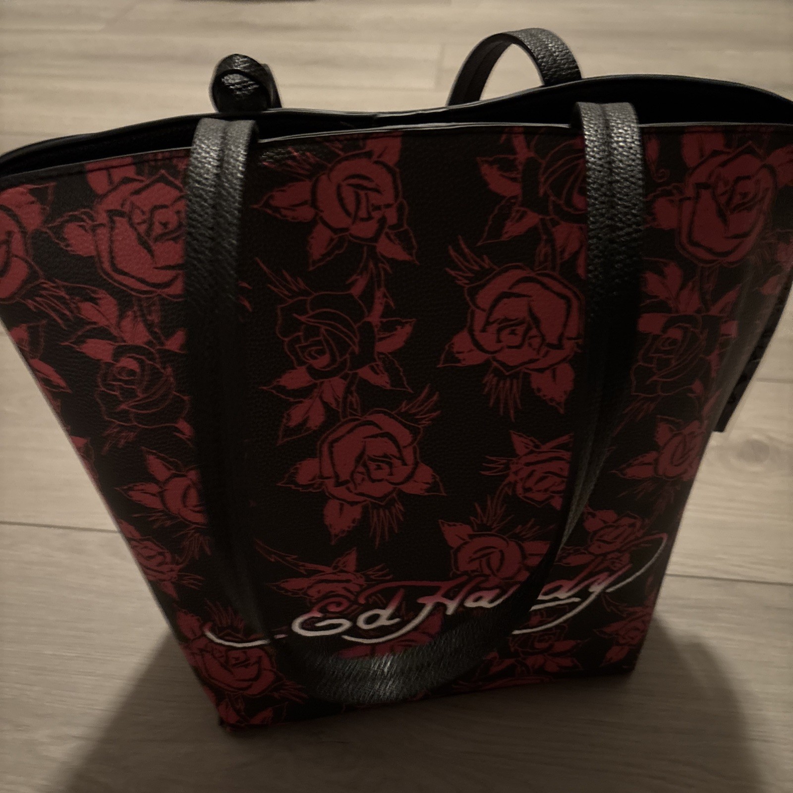Ed Hardy Black/Red Rose Skull Large Tote Bag Zip Closure Conceal & Carry Pocket