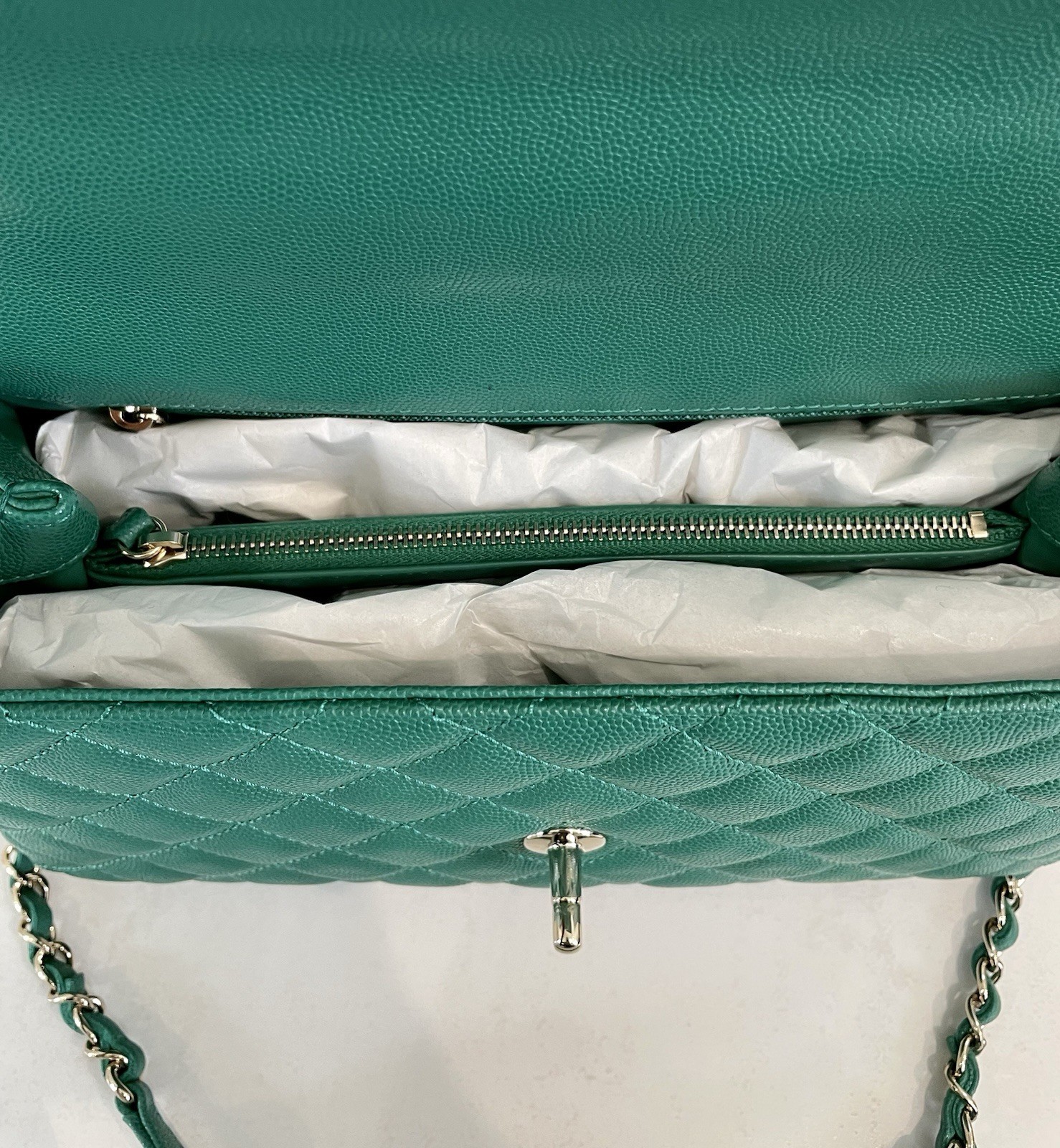 New 22A CHANEL Medium Large Flap Coco Top Handle Green Caviar Gold Bag RECEIPT