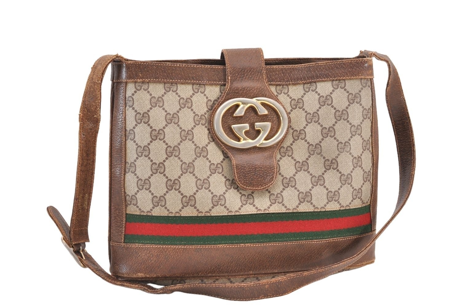 Authentic GUCCI Vintage Web Sherry Line Shoulder Bag GG PVC Leather Brown 135AB