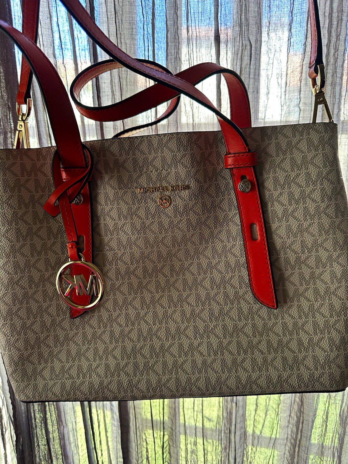 Michael Kors Beige/Brown Logo Tote, Shoulder Strap, Snap, Gold Hardware, Charm